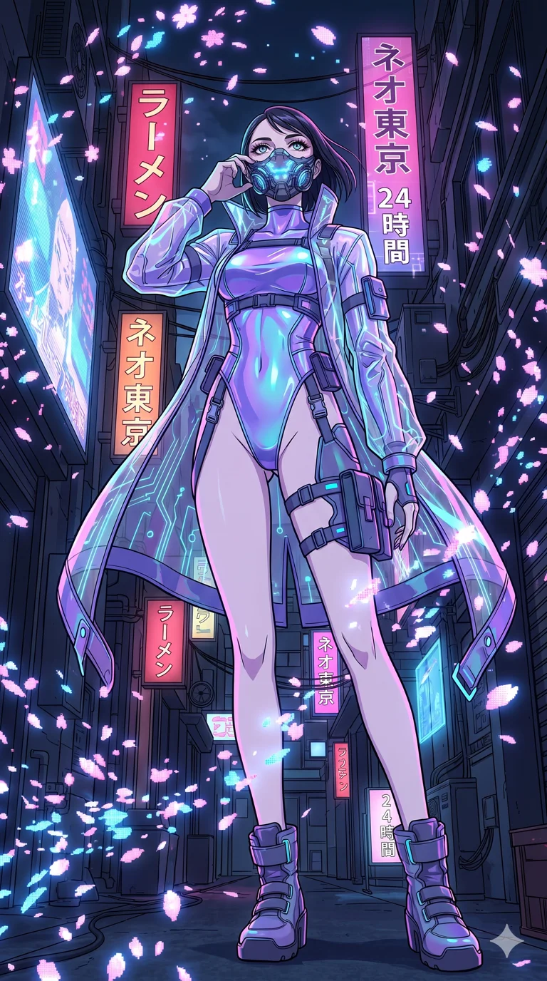 score_9, masterpiece, best quality, ultra-detailed, High-budget Anime Keyframe, vibrant colors, fluid line-art, expressive lighting, cinematic composition, Ufotable-style visual effects, top-tier animation quality, Japanese woman with delicate and elegant anime-inspired features. Low angle cowboy shot filling the entire 9:16 frame with her statuesque presence, looking up to emphasize her height. Adjusting a glowing mechanical mask as a blizzard of digital sakura petals swirls violently around her in a high-tech Neo-Tokyo alleyway. She has an absolutely perfect 8-heads proportion, an exceptionally tall and slender female figure with impossibly long slender legs and an ultra-slim waist, her statuesque height and towering silhouette dominating the vertical 9:16 frame. Her face is a masterpiece featuring a sharp v-shaped jawline, high-bridge nose, intricate jewel-like eyes with depth, thick eyelashes, and glossy lips with a natural sheen. She is wearing a Transparent mini-dress with glowing internal circuits and a high-cut structural leotard crafted from Iridescent vinyl with a futuristic sheen that shifts between violet and cyan, with integrated neon-lit tactical gear and suggestive cutouts on the thighs. The scene is set in an underground rebel bunker with flickering holographic screens and tactical maps, illuminated by dynamic strobe effects that capture her movement in a series of sharp fragments. 2k, ultra detail, master piece, 9:16 ratio