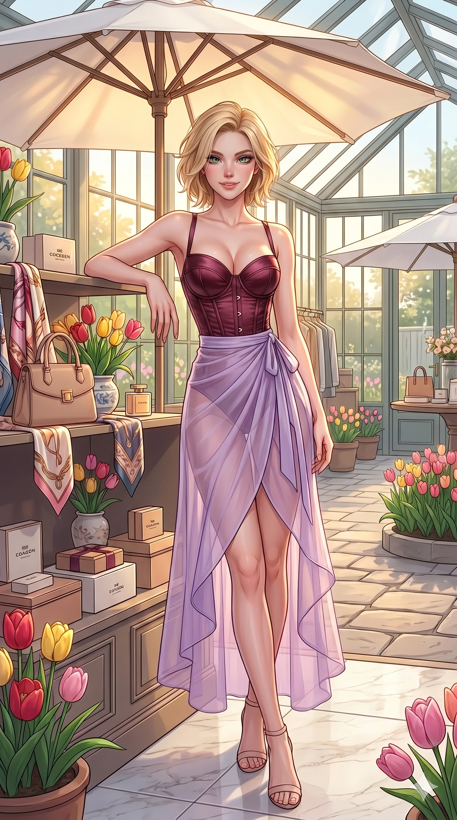 score_9, masterpiece, best quality, ultra-detailed, high-budget anime keyframe, vibrant anime aesthetic, Caucasian woman, strictly human ears. cowboy shot from the thighs up, character and outfit filling the frame for maximum presence. She is leaning against a boutique display, smiling warmly with a playful half-smile inside a spacious sunroom with spring tulips (Code-P20-186). She has an absolutely perfect 8-heads proportion, an exceptionally tall and slender female figure with impossibly long slender legs and an ultra-slim waist. V-shaped jawline, high-bridge nose, intricate jewel-like eyes with depth, thick eyelashes, glossy lips with a natural sheen. wearing a structured satin corset showing her cleavage paired with a transparent chiffon wrap skirt. She is illuminated by warm sunshine streaming through the white umbrellas of the street café. 2k, ultra detail, master piece, 9:16 ratio