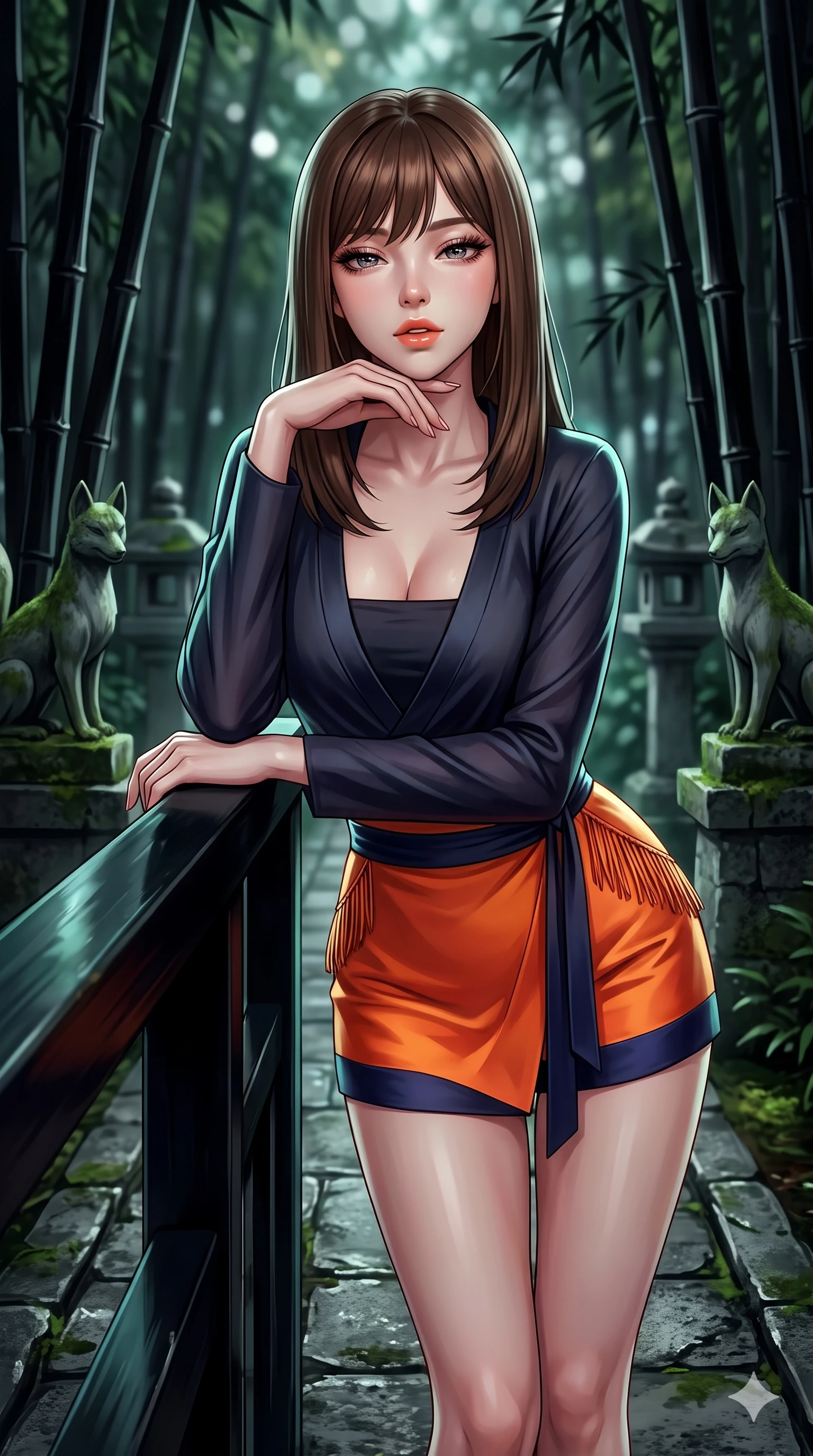 score_9, masterpiece, best quality, ultra-detailed, high-budget anime keyframe, semi-realistic 3D game render, editorial fashion photography, tasteful artistic composition, Korean woman. close-up cowboy shot from the waist and thighs up, the character dominates the composition, filling the frame with her large presence. resting one elbow on the lacquered balustrade and supporting her chin, leaning close to the camera with heavy-lidded sparkling eyes and parted lips while standing poised between weathered stone kitsune statues along the dark bamboo path, arching her back with breathless siren allure. The background shows a soft-focus towering black bamboo stalks, moss-covered kitsune fox statues, and stone pathway lanterns blurred into jade, silver, and slate bokeh. She has an exceptionally elegant, slender, and willowy female figure with an ultra-slim waist, flat toned midriff, narrow ribcage, and sculpted feminine hips creating an alluring, slim hourglass silhouette without bulk. sharp v-shaped jawline, high-bridge nose, sparkling eyes with hypnotic seductive depth, thick curled eyelashes, glossy parted lips with a natural dewy peach sheen, alluring bedroom-eyes with an enchanting coquettish smile, exuding magnetic siren charisma and sophisticated glamour, flawlessly proportioned anatomical accuracy, strict slender model proportions, natural body alignment, perfectly sculpted long slender limbs, ultra-slim waistline, clean dynamic posture without body distortion. wearing a deep V-neck wrap jeogori blouse layered over an opaque silk bandeau and high-waisted wrap shorts in sunset tangerine orange and deep navy indigo, tailored from heavy double-faced silk faille with an exceptionally fluid drape, finished with delicate silk fringe trim fluttering along her hip line with kinetic charm, the impeccably tailored cut draping gracefully along her slender figure with aristocratic eastern poise. illuminated by ground stone bounce and sharp silver-jade rim lights sculpting her razor-sharp jawline, narrow waist, and curvy hips. highly saturated vibrant anime colors, detailed shading with soft gradients, rich glossy textures, high-contrast stereoscopic depth, volumetric dynamic lighting, master piece, 9:16 ratio