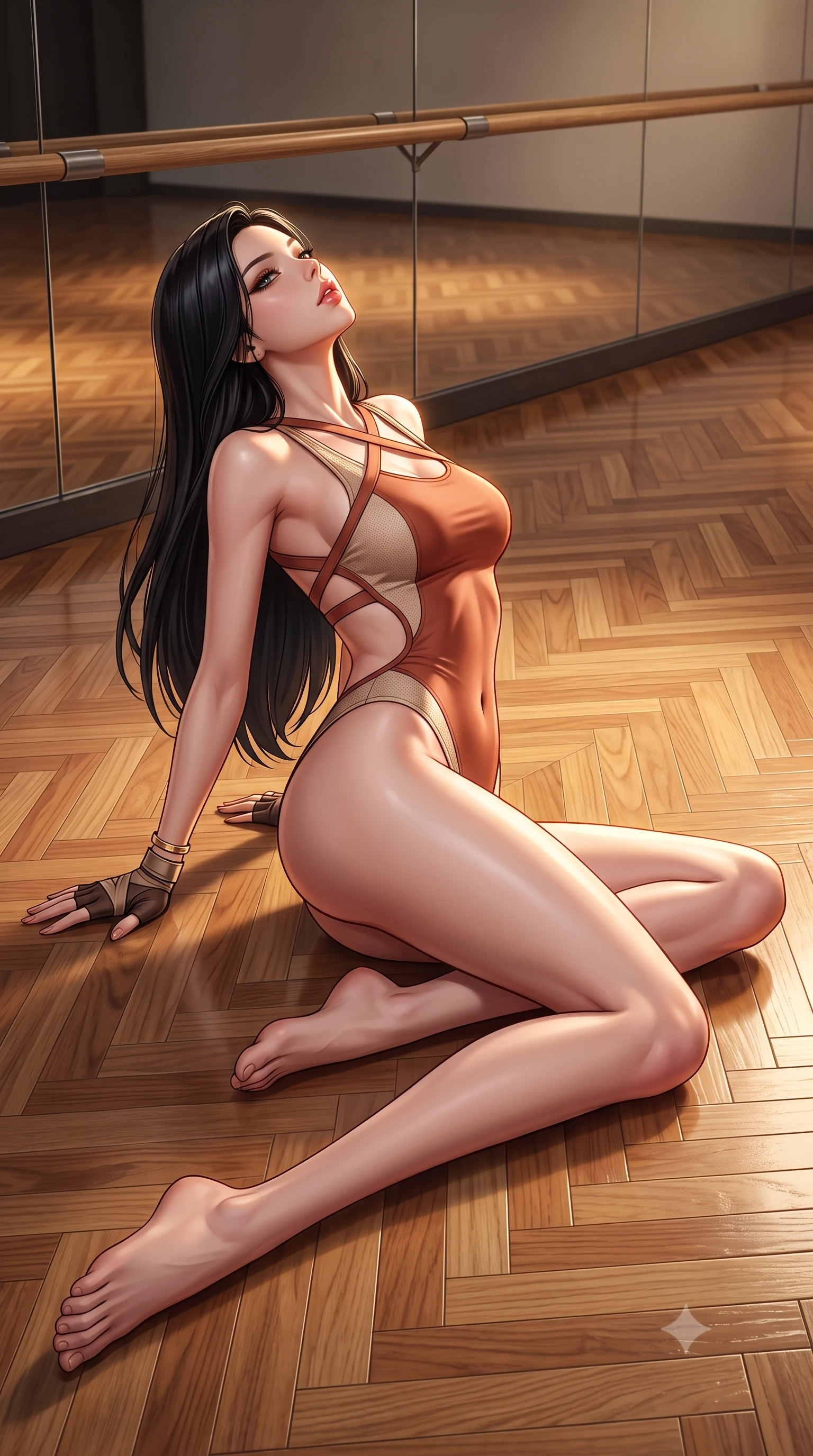 score_9, masterpiece, best quality, ultra-detailed, high-budget anime keyframe, semi-realistic 3D game render, editorial fashion photography, tasteful artistic composition, Korean woman. low angle full-body shot from head to toe showing her feet, filling the entire 9:16 vertical frame with her statuesque presence, stretching her vertical silhouette. reclining on her side in an elegant Cleopatra pose with one knee drawn up, the dramatic contour of her rounded hips and long slender legs commanding the 9:16 vertical frame while reclining on the dance studio floor propped up on one hip, head tilted back in ecstasy with parted lips as warm spotlights trace her silhouette. The surrounding environment is rendered in vivid detail and crisp panoramic clarity. sharp mirror reflection seams, polished hardwood parquet flooring, and wooden barre grain in deep focus. She has an absolutely perfect, statuesque 8.5-heads proportion, an exceptionally tall and slender model-like female figure with impossibly long slender legs, a toned flat midriff, an ultra-slim waist, and beautifully sculpted feminine hips. sharp v-shaped jawline, high-bridge nose, intricate jewel-like eyes with depth, thick eyelashes, glossy parted lips with a natural sheen, intensely captivating and seductive bedroom-eyes expression, flawlessly proportioned anatomical accuracy, strict slender model proportions, natural body alignment, perfectly sculpted long slender limbs, ultra-slim waistline, clean dynamic posture without body distortion. wearing a modern athletic monokini leotard with criss-cross back harness straps and high-hip cut in warm terracotta and oatmeal beige, tailored from breathable technical athletic mesh and liquid-finish track nylon, accessorized with fingerless athletic wrap gloves and minimalist gold cuffs, the precision-cut side openings and low-back scoop framing her graceful spine and the sensual sweep of her hips. surrounded by a disciplined, sensual, and exquisitely graceful haute-couture dancer aura. highly saturated vibrant anime colors, detailed shading with soft gradients, rich glossy textures, high-contrast stereoscopic depth, volumetric dynamic lighting, master piece, 9:16 ratio