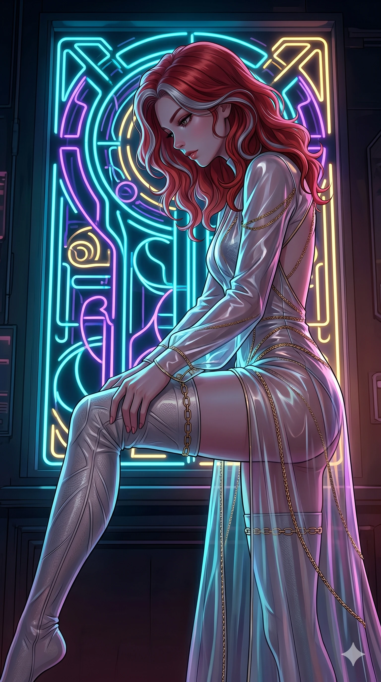 score_9, masterpiece, best quality, ultra-detailed, High-budget Anime Keyframe, East Asian woman. Low angle cowboy shot filling the entire 9:16 frame with her statuesque presence. Scenario 227: Adjusting her sculptural over-the-knee stocking by a glowing neon window. Her presence is magnetic and overpowering in this high-budget anime scene. Outfit 227: A translucent PVC long with a graceful open-back couture and fine gold chains. The clothing is designed to emphasize her exceptionally tall and slender 8-heads proportion. 8-heads proportion, towering silhouette, ultra-slim waist. sharp v-shaped jawline, intricate jewel-like eyes with depth, thick eyelashes, glossy lips. 2k, ultra detail, master piece, 9:16 ratio