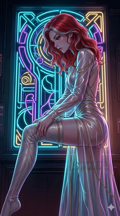 score_9, masterpiece, best quality, ultra-detailed, High-budget Anime Keyframe, East Asian woman. Low angle cowboy shot filling the entire 9:16 frame with her statuesque presence. Scenario 227: Adjusting her sculptural over-the-knee stocking by a glo