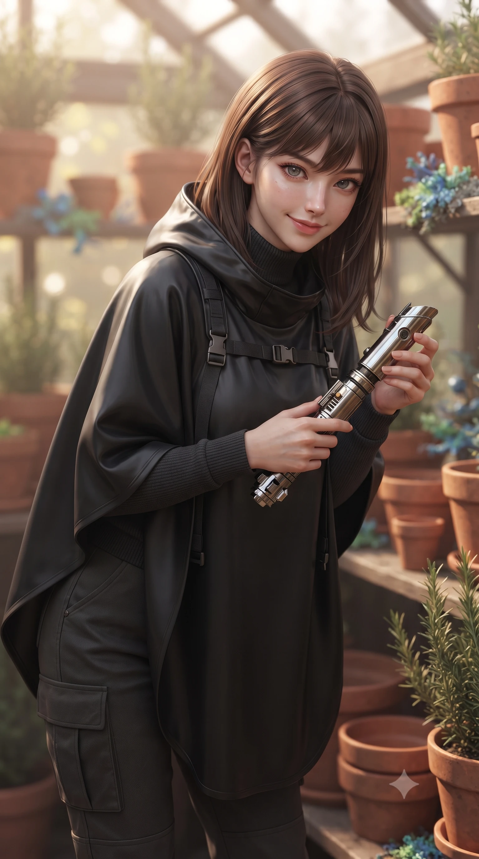 score_9, masterpiece, best quality, ultra-detailed, high-budget anime keyframe, editorial fashion photography, tasteful artistic composition, Korean woman. close-up cowboy shot from the waist and thighs up, the character dominates the composition, filling the frame with her large presence, background elements kept in soft focus. leaning slightly forward with a playful, teasing smile while holding a deactivated plasma saber hilt, the background shows a soft-focus a cozy garden greenhouse, surrounded by terracotta pots, rosemary, and cyber-lichens. She has an exceptionally elegant, slender, and willowy female figure with an ultra-slim waist, a gracefully sculpted slender torso, and a refined silhouette. sharp v-shaped jawline, high-bridge nose, intricate jewel-like eyes with depth, thick eyelashes, glossy lips with a natural sheen. wearing a slim-fit tactical utility poncho in waterproof matte black fabric, worn over a high-neck utility sweater and cargo pants. warm, diffused daylight creating a quiet and productive mood. ultra-reflective glossy finish, specular highlights, metallic sheen, high-contrast stereoscopic depth, volumetric dynamic lighting, 2k, ultra detail, master piece, 9:16 ratio