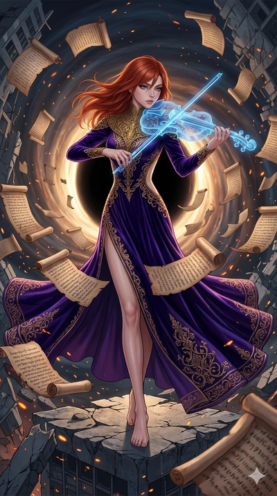 score_9, masterpiece, best quality, ultra-detailed, Set A: High-budget Anime Keyframe, Caucasian (human ears) woman. Low angle cowboy shot filling the entire 9:16 frame with her statuesque presence. Theme: Urban Decay. playing a holographic violin in