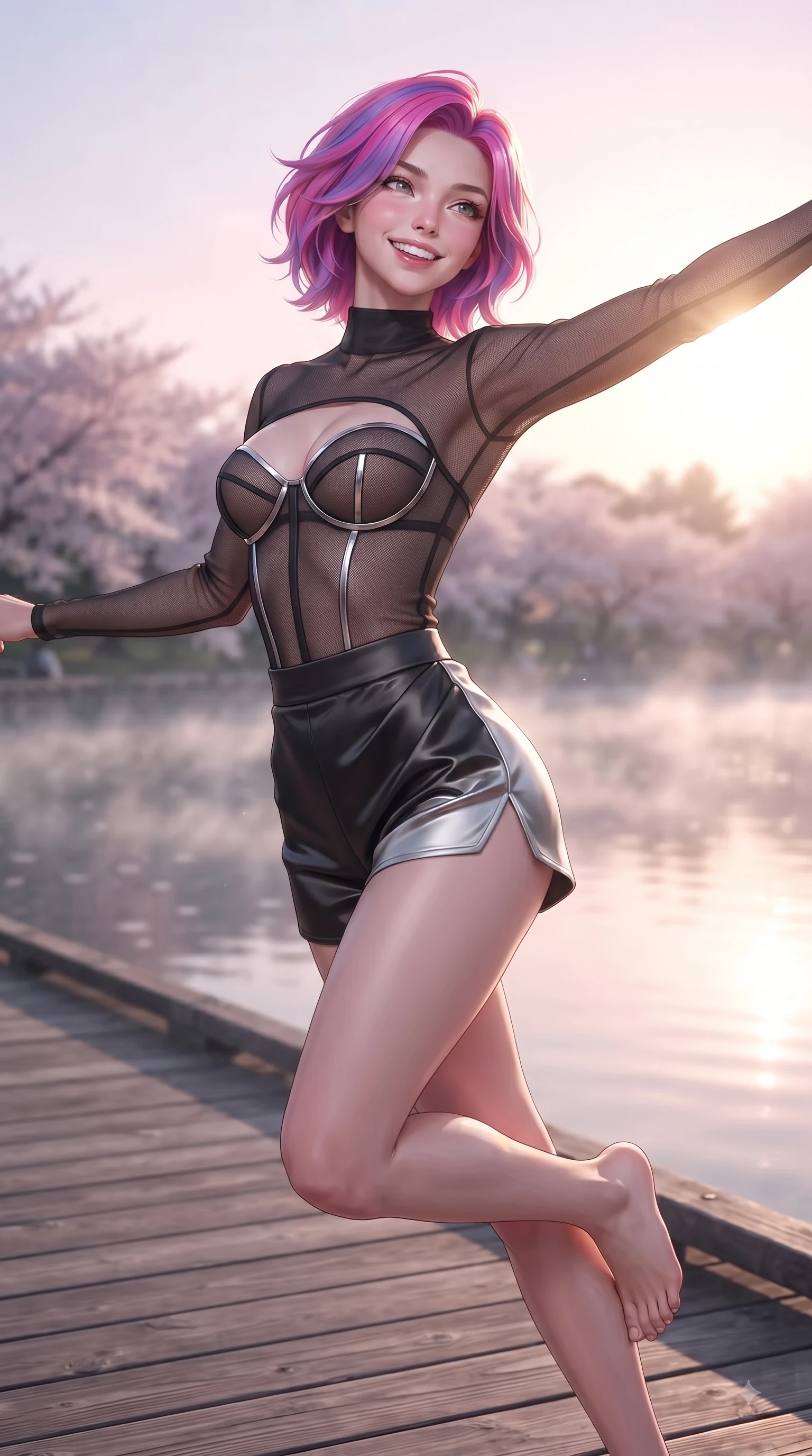 score_9, masterpiece, best quality, ultra-detailed, high-budget anime keyframe, editorial fashion photography, tasteful artistic composition, Caucasian woman. close-up cowboy shot from the waist and thighs up, the character dominates the composition, filling the frame with her large presence, background elements kept in soft focus. Extending one arm in an elegant stretch toward the sun while smiling with vibrant, magnetic self-assurance while leaping with a beaming happy smile along a wooden lakeside boardwalk lined with sakura trees, morning mist floating gently over the water surface, capturing bright golden light. She has an exceptionally elegant, slender, and willowy female figure with an ultra-slim waist, a gracefully sculpted slender torso, and a refined silhouette. sharp v-shaped jawline, high-bridge nose, intricate jewel-like eyes with depth, thick eyelashes, glossy lips with a natural sheen, flawlessly proportioned anatomical accuracy, natural body alignment, perfectly sculpted elegant limbs, clean dynamic posture without body distortion. wearing a delicate see-through mesh top with structured cup boning and micro-shorts in matte black and polished silver, crafted from lustrous satin jersey with fluid draping, accented with a Tasteful chest slit framing her clavicle gracefully, the form-contouring material highlighting her ultra-slim waist and long lines. illuminated by soft glowing pink ambient light and clear sky refractions. ultra-reflective glossy finish, specular highlights, metallic sheen, high-contrast stereoscopic depth, volumetric dynamic lighting, 2k, ultra detail, master piece, 9:16 ratio