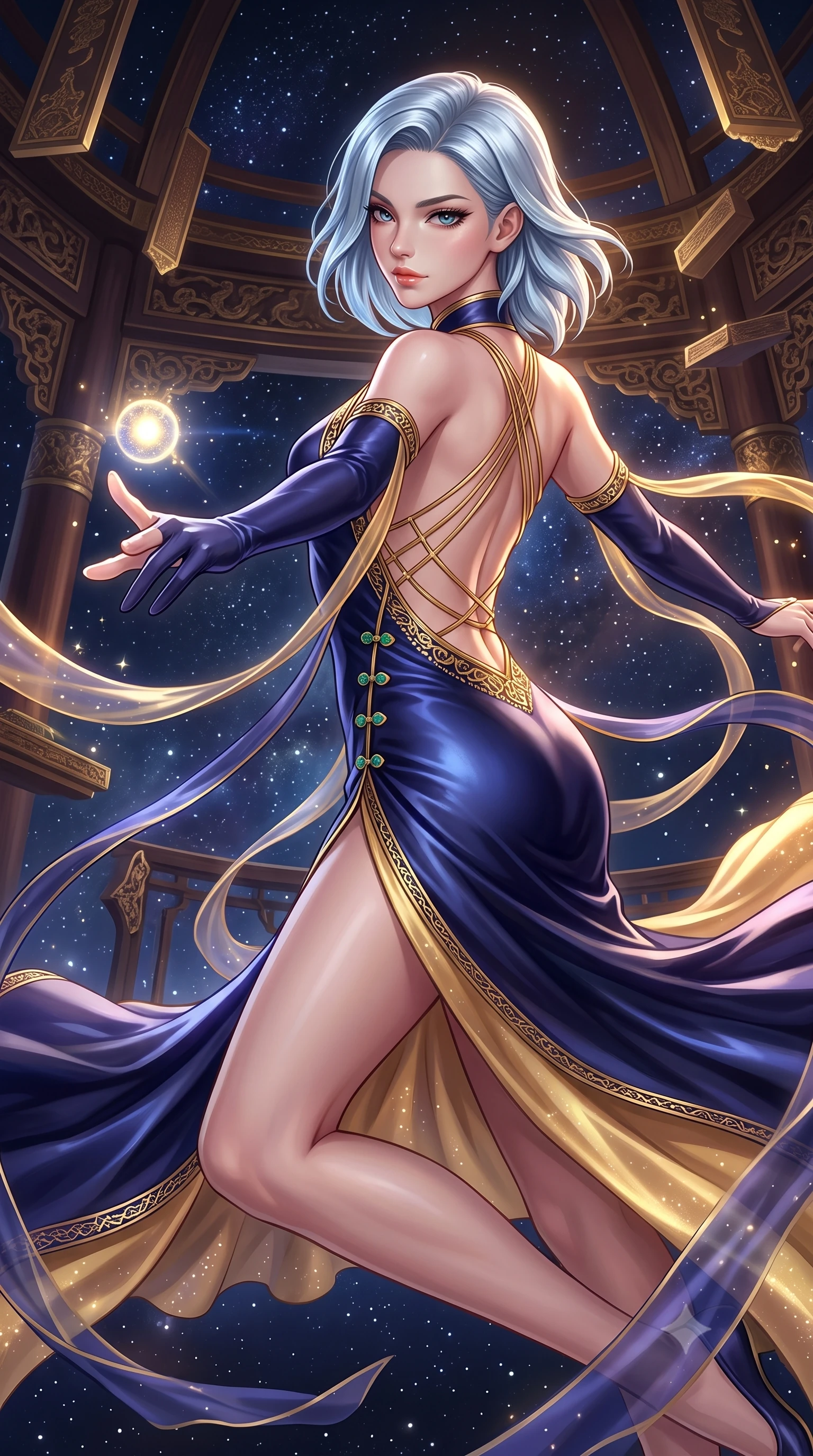 score_9, masterpiece, best quality, ultra-detailed, high-budget anime keyframe, semi-realistic 3D game render, editorial fashion photography, tasteful artistic composition, Korean woman. close-up cowboy shot from the waist and thighs up, the character dominates the composition, filling the frame with her large presence. extending one slender arm gracefully toward the foreground while casting an affectionate, mesmerizing glance while reaching out gracefully toward a floating orb of starlight, her long slender legs and willowy torso extended in pure dancer poise. The surrounding environment is rendered in vivid detail and crisp panoramic clarity. transcendent zero-gravity chiaroscuro and cosmic oriental palace aesthetics captured with precision. She has an exceptionally elegant, slender, and willowy female figure with an ultra-slim waist, a gracefully sculpted slender torso, toned flat midriff, and a refined slim silhouette. sharp v-shaped jawline, high-bridge nose, intricate jewel-like eyes with depth, thick eyelashes, glossy lips with a natural sheen, captivating and magnetic expression, flawlessly proportioned anatomical accuracy, strict slender model proportions, natural body alignment, perfectly sculpted long slender limbs, ultra-slim waistline, clean dynamic posture without body distortion. wearing a zero-gravity celestial dancer gown with cascading iridescent ribbons and bare back harness in midnight indigo and glowing starlight gold, tailored from traditional lustrous satin with delicate hand-stitched borders, finished with genuine jade button closures and floating celestial silk ribbons, the glove-like aerodynamic second-skin fit tightly clinging to her ultra-slender waist and athletic curves without adding bulk, accentuating her razor-sharp statuesque lines and slim hourglass silhouette. bathed in multidirectional celestial starlight and warm golden constellation backlighting. highly saturated vibrant anime colors, detailed shading with soft gradients, rich glossy textures, high-contrast stereoscopic depth, volumetric dynamic lighting, master piece, 9:16 ratio