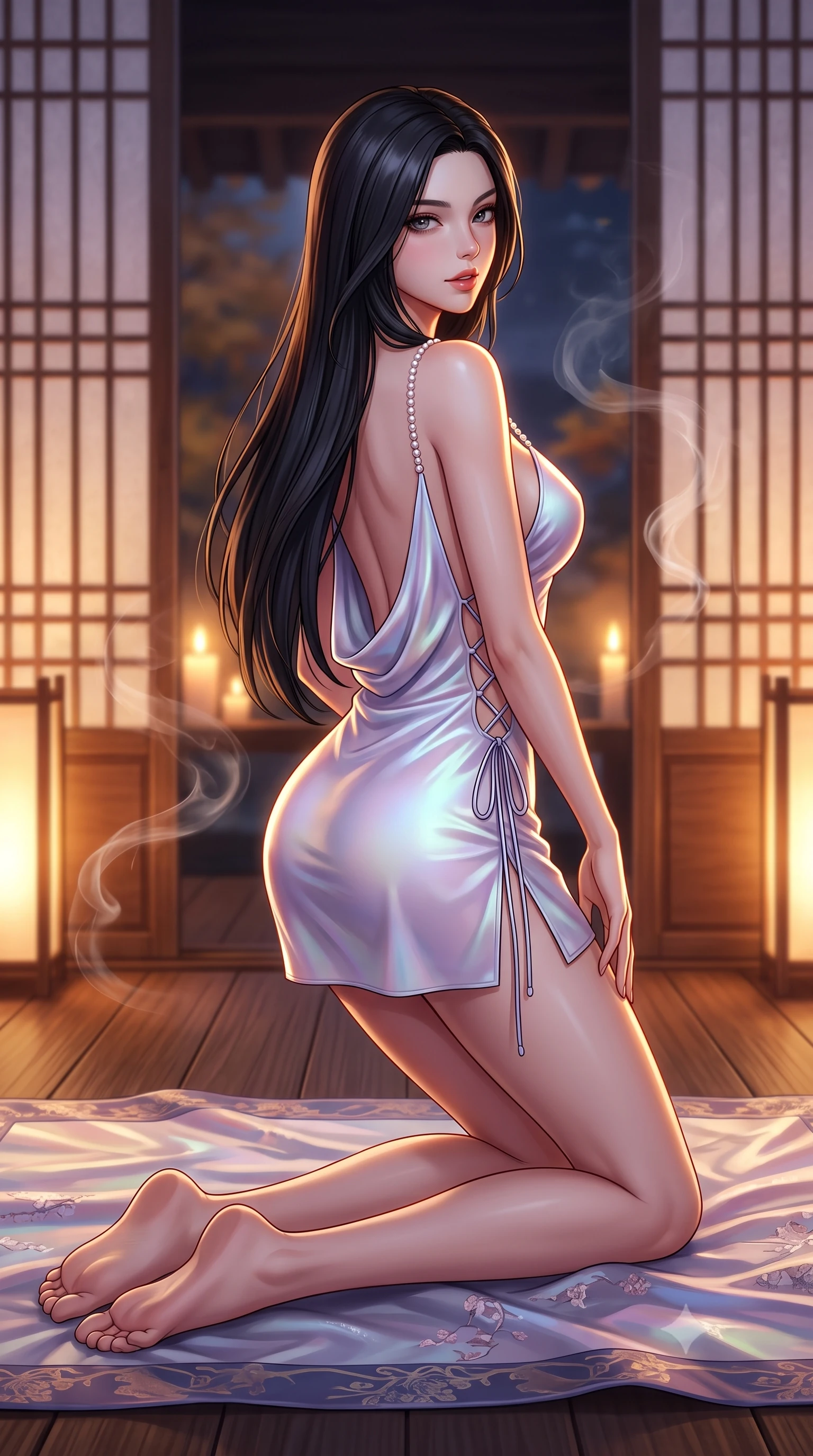 score_9, masterpiece, best quality, ultra-detailed, high-budget anime keyframe, semi-realistic 3D game render, editorial fashion photography, tasteful artistic composition, Korean woman. low angle full-body shot from head to toe showing her feet, filling the entire 9:16 vertical frame with her statuesque presence, stretching her vertical silhouette. walking along the moonlit terrace with poise, looking back over her bare shoulder with an irresistible smoldering bedroom-gaze while kneeling gracefully on the silk floor mat with hips angled back, glancing back with an alluring, parted-lip smile as incense curls into the air. The background shows a soft-focus warm candlelight glowing through translucent hanji paper doors softened in peaceful autumnal shallow focus. She has an absolutely perfect, statuesque 8.5-heads proportion, an exceptionally tall and slender model-like female figure with impossibly long slender legs, an ultra-slim waist, a flat toned midriff, narrow delicate ribcage, and beautifully sculpted feminine hips creating a graceful, slim hourglass silhouette without any bulky heaviness. sharp v-shaped jawline, high-bridge nose, sparkling eyes with hypnotic seductive depth, thick curled eyelashes, glossy parted lips with a natural dewy peach sheen, alluring bedroom-eyes with an enchanting coquettish smile, exuding magnetic siren charisma and sophisticated glamour, flawlessly proportioned anatomical accuracy, strict slender model proportions, natural body alignment, perfectly sculpted long slender limbs, ultra-slim waistline, clean dynamic posture without body distortion. wearing a low-cut draped cowl-back satin slip mini dress with dainty pearl spaghetti straps in iridescent mother-of-pearl and misty lavender, crafted from fluid liquid silk satin that clings smoothly to every curve with a dewy sheen, featuring fine criss-cross lace-up side ties revealing tantalizing glimpses of her hip curve, the precision-cut side openings and low-back scoop framing her graceful spine and the sensual sweep of her slim, toned hips. illuminated by paper screen glow bounce and sharp amber rim lights sculpting her jawline, ultra-slim waist, and curvy hips. highly saturated vibrant anime colors, detailed shading with soft gradients, rich glossy textures, high-contrast stereoscopic depth, volumetric dynamic lighting, master piece, 9:16 ratio