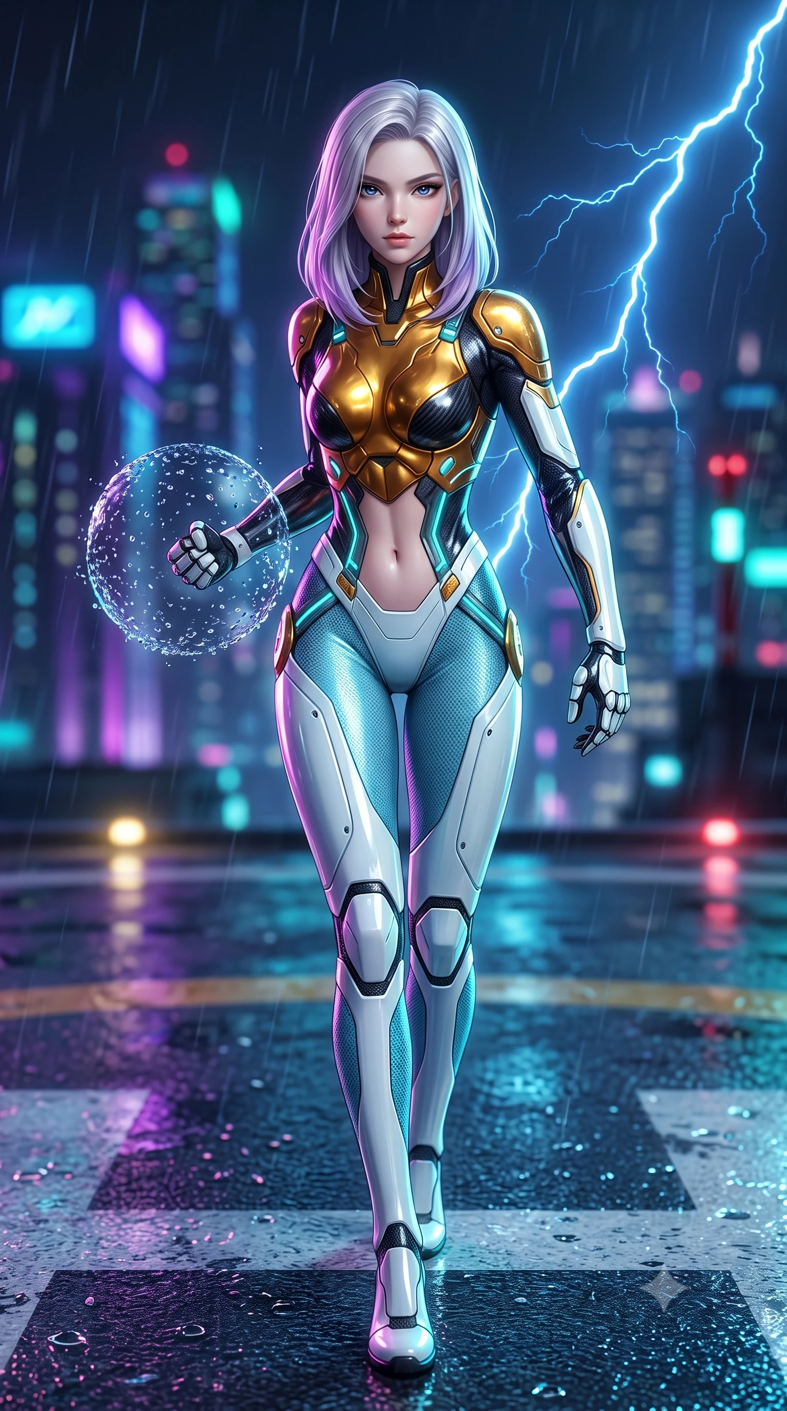 score_9, masterpiece, best quality, ultra-detailed, high-budget anime keyframe, semi-realistic 3D game render, editorial fashion photography, tasteful artistic composition, Caucasian woman. low angle full-body shot from head to toe showing her feet, filling the entire 9:16 vertical frame with her statuesque presence, stretching her vertical silhouette. striding forward with sovereign warrior elegance in a low, predatory combat advance, hips swaying with fierce athletic poise from head to toe while pivoting dynamically in mid-motion on the wet helipad as displaced rain droplets form a frozen sphere around her fist. The composition keeps background elements in soft focus with creamy bokeh. helipad landing lights and flying vehicle navigation beacons softened in moody shallow focus. She has an absolutely perfect, statuesque 8.5-heads proportion, an exceptionally tall and slender model-like female figure with impossibly long slender legs, a toned flat midriff, and an ultra-slim waist. sharp v-shaped jawline, high-bridge nose, intricate jewel-like eyes with depth, thick eyelashes, glossy lips with a natural sheen, flawlessly proportioned anatomical accuracy, strict slender model proportions, natural body alignment, perfectly sculpted long slender limbs, ultra-slim waistline, clean dynamic posture without body distortion. wearing a sculpted molten-gold and dark carbon cuirass paired with high-mobility combat leggings and kinetic energy channels in glacial ice-cyan carbon mesh with pure white armor plates, formed from high-gloss patent carbon-plating with specular chiaroscuro reflections, reinforced by a sleek titanium kinetic harness and glowing micro-energy straps, the liquid-tight tailored fabric emphasizing every curve of her tall, slender model proportions and sculptured silhouette during dynamic movement. bathed in dramatic blue lightning flashes and vibrant neon city ambient reflections. rich saturated anime colors with glowing neon highlights, detailed shading with soft gradients, rich glossy textures, high-contrast stereoscopic depth, volumetric dynamic lighting, master piece, 9:16 ratio
