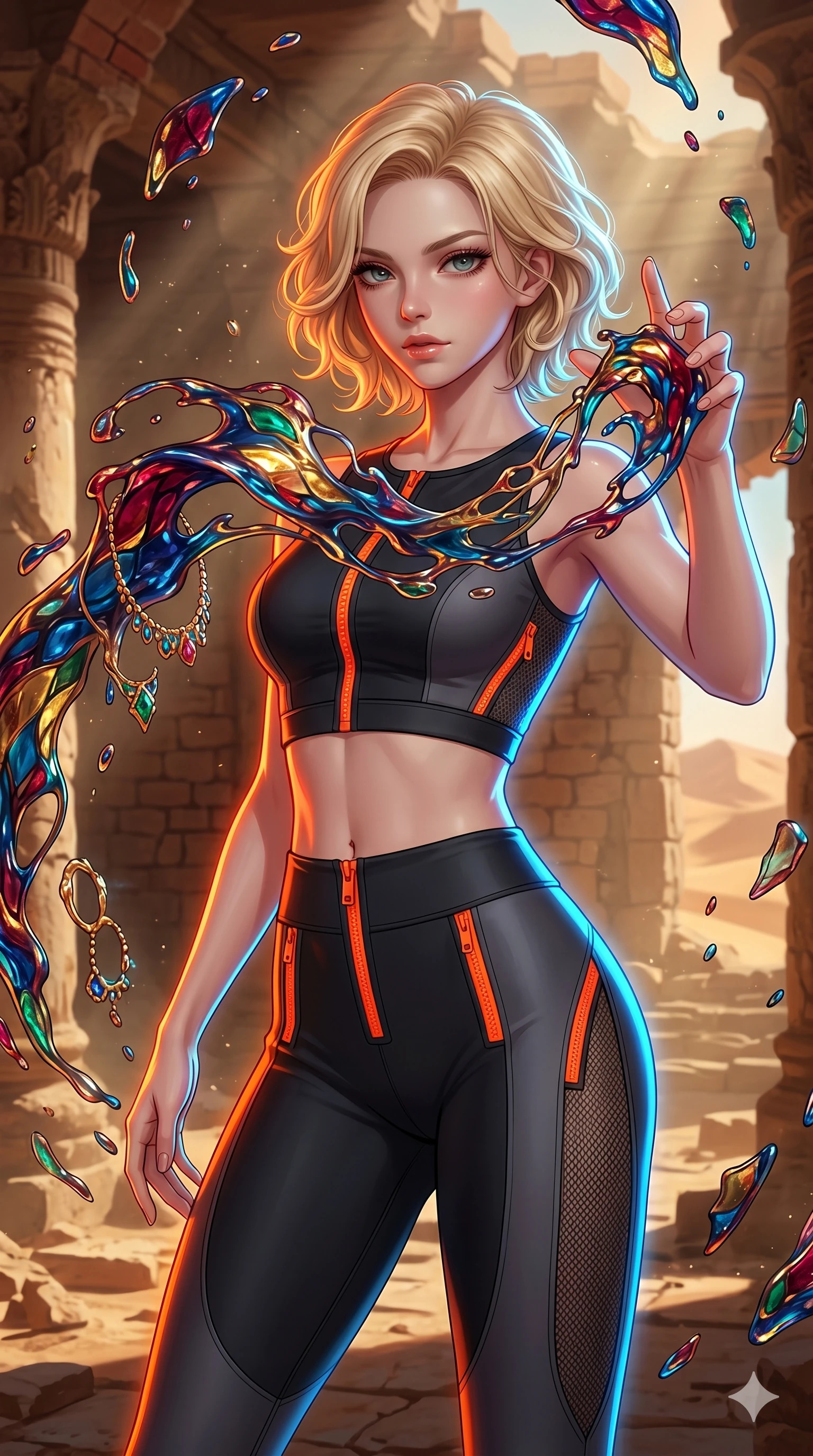score_9, masterpiece, best quality, ultra-detailed, high-budget anime keyframe, Japanese woman. upper body close-up from the thighs up, character filling the screen for maximum presence. interacting with liquid stained-glass that melts and swirls in mid-air inside a crumbling desert ruin, the fluid jewelry floating in suspension. She has an absolutely perfect 8-heads proportion, an exceptionally tall and slender female figure with impossibly long slender legs and an ultra-slim waist. V-shaped jawline, high-bridge nose, intricate jewel-like eyes with depth, thick eyelashes, glossy lips with a natural sheen.. wearing a second-skin neoprene cyber-athleisure set, featuring a tight crop top and leggings with fluorescent orange zipper accents and side slash panels. bathed in brilliant cinematic volumetric lighting and intense neon rim light highlighting her slender form. 2k, ultra detail, master piece, 9:16 ratio