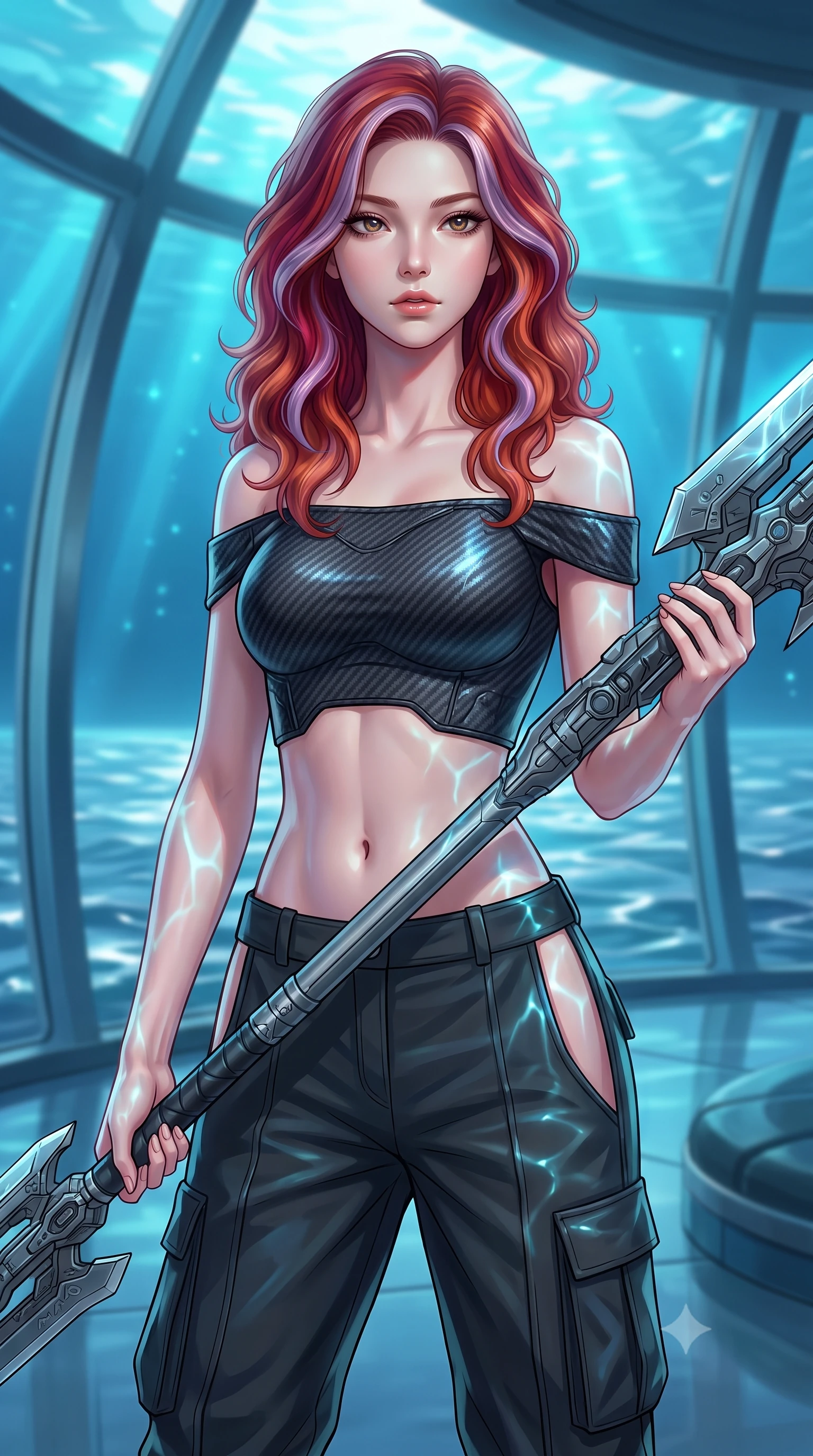 score_9, masterpiece, best quality, ultra-detailed, high-budget anime keyframe, editorial fashion photography, tasteful artistic composition, Caucasian woman. close-up cowboy shot from the waist and thighs up, the character dominates the composition, filling the frame with her large presence, background elements kept in soft focus. holding a deactivated nanotech glaive, looking past the camera with quiet, sharp focus and a composed expression, the background shows a soft-focus a sub-oceanic reef base with glass walls facing a sea of liquid chrome. She has an exceptionally elegant, slender, and willowy female figure with an ultra-slim waist, a gracefully sculpted slender torso, and a refined silhouette. sharp v-shaped jawline, high-bridge nose, intricate jewel-like eyes with depth, thick eyelashes, glossy lips with a natural sheen. wearing a form-contouring off-shoulder carbon-fiber armor top paired with high-slit tactical cargo pants, showing her delicately sculpted midriff. shifting aqua-blue starlight refracting through mercury waves onto her form. highly saturated vibrant anime colors, detailed shading with soft gradients, rich glossy textures, high-contrast stereoscopic depth, volumetric dynamic lighting, master piece, 9:16 ratio