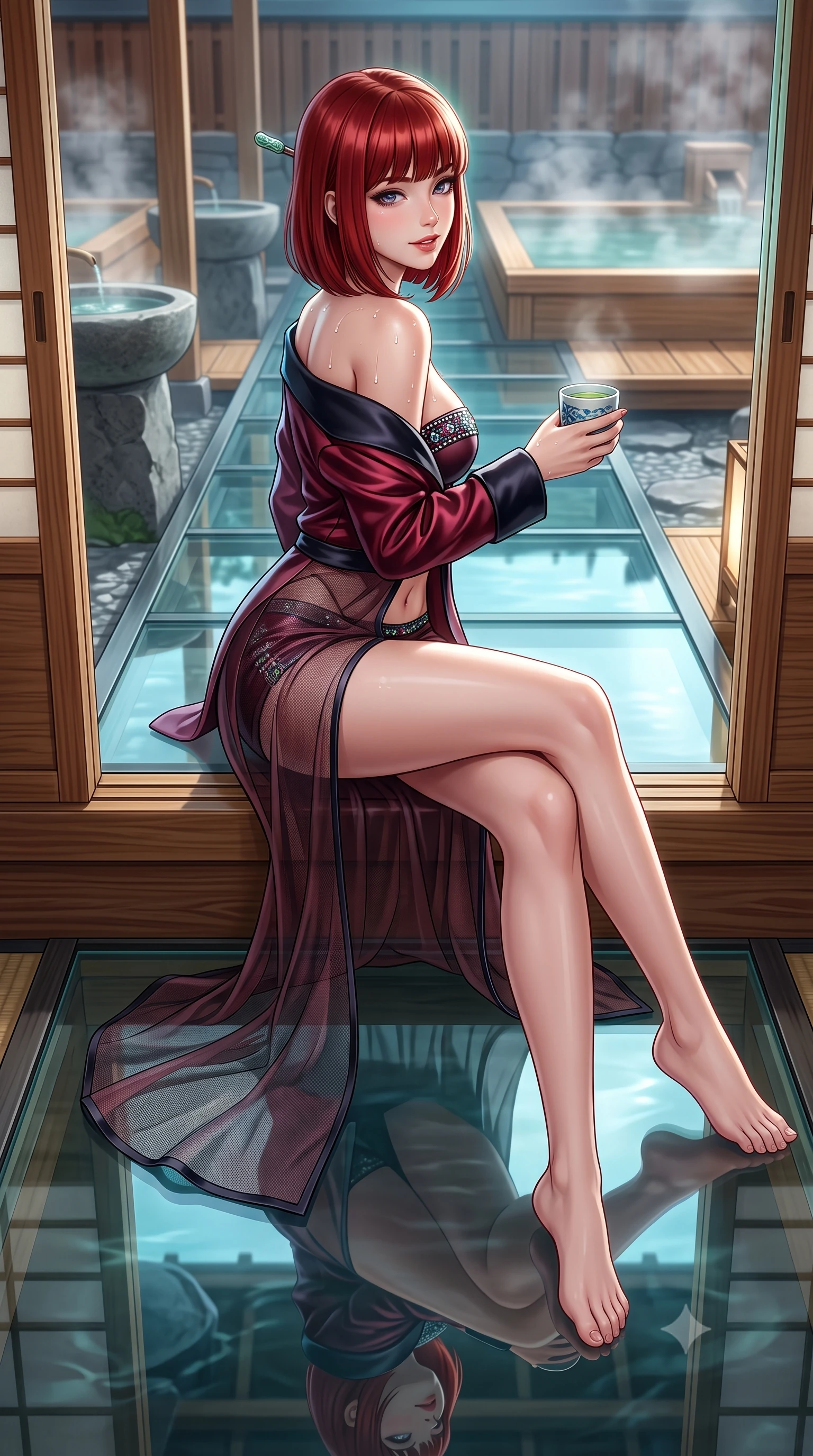 score_9, masterpiece, best quality, ultra-detailed, high-budget anime keyframe, semi-realistic 3D game render, editorial fashion photography, tasteful artistic composition, Caucasian woman. low angle full-body shot from head to toe showing her feet, filling the entire 9:16 vertical frame with her statuesque presence, stretching her vertical silhouette. executing a slow, graceful pivot turn as her skirt sways around her slender legs, glancing back with an enchanting, teasing sensual expression while sitting gracefully on the cedar walkway threshold with legs extended, holding a modern ceramic tea cup with an alluring, parted-lip smile. The surrounding environment is rendered in vivid detail and crisp panoramic clarity: detailed modern cheongsam-cut sheer mesh dress tailoring, jade hair stick gleam, and precision Japanese joinery in razor-sharp precision. She has an absolutely perfect, statuesque 8.5-heads proportion, an exceptionally tall and slender model-like female figure with impossibly long slender legs, an ultra-slim waist, a flat toned midriff, narrow delicate ribcage, and beautifully sculpted feminine hips creating a graceful, slim hourglass silhouette without any bulky heaviness. sharp v-shaped jawline, high-bridge nose, sparkling eyes with hypnotic seductive depth, thick curled eyelashes, glossy parted lips with a natural dewy peach sheen, alluring bedroom-eyes with an enchanting coquettish smile, exuding magnetic siren charisma and sophisticated glamour, flawlessly proportioned anatomical accuracy, strict slender model proportions, natural body alignment, perfectly sculpted long slender limbs, ultra-slim waistline, clean dynamic posture without body distortion. wearing a tailored open-front satin smoking jacket worn over a jewel-embellished bandeau and micro-shorts in Gion dark cherry and midnight obsidian, made of semi-opaque stretch illusion mesh with soft shadowy contours, finished with glistening drops of hot spring or lagoon water beading across her sculpted shoulders and collarbones, the liquid-tight tailored fabric clinging flawlessly to her narrow waist and rounded feminine hips, emphasizing every millimeter of her sculpted slim hourglass curves without any bulky heaviness. illuminated by glass walkway reflection bounce and sharp jade-platinum rim lights defining her razor-sharp jawline, narrow waist, and curvy hips. highly saturated vibrant anime colors, detailed shading with soft gradients, rich glossy textures, high-contrast stereoscopic depth, volumetric dynamic lighting, master piece, 9:16 ratio