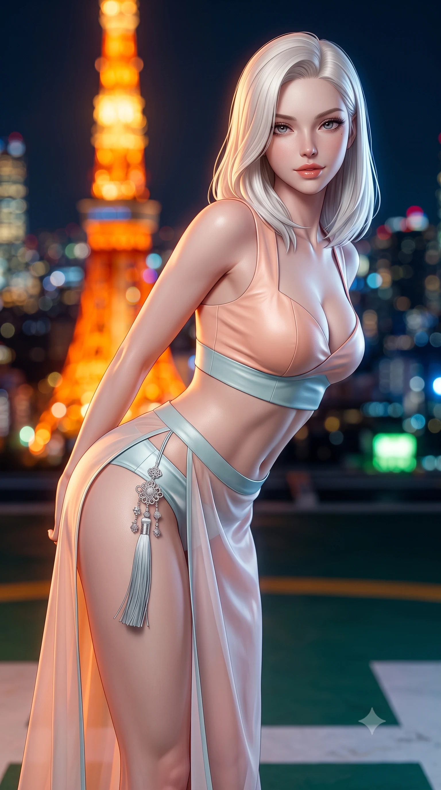 score_9, masterpiece, best quality, ultra-detailed, high-budget anime keyframe, semi-realistic 3D game render, editorial fashion photography, tasteful artistic composition, Caucasian woman. close-up cowboy shot from the waist and thighs up, the character dominates the composition, filling the frame with her large presence. leaning forward while arching her lower back to accentuate her curvy hips, looking into the camera with an intoxicating smoldering gaze and bedroom-eyes while standing tall on the giant painted rooftop helipad with hips cocked back, arching her spine with effortless supermodel poise against the red tower. The background shows a soft-focus the iconic glowing orange lattice of Tokyo Tower and endless city lights blurred into vibrant tangerine, gold, and sapphire bokeh. She has an exceptionally elegant, slender, and willowy female figure with an ultra-slim waist, flat toned midriff, narrow ribcage, and sculpted feminine hips creating an alluring, slim hourglass silhouette without bulk. sharp v-shaped jawline, high-bridge nose, sparkling eyes with hypnotic seductive depth, thick curled eyelashes, glossy parted lips with a natural dewy peach sheen, alluring bedroom-eyes with an enchanting coquettish smile, exuding magnetic siren charisma and sophisticated glamour, flawlessly proportioned anatomical accuracy, strict slender model proportions, natural body alignment, perfectly sculpted long slender limbs, ultra-slim waistline, clean dynamic posture without body distortion. wearing a plunging sweetheart-neckline silk jeogori crop top paired with an ultra-high-slit translucent chima wrap skirt and satin briefs in pastel peach blossom and celadon porcelain blue, woven from buttery-soft stretch lambskin leather adhering to her body like a second skin, accented with an intricate silver norigae tassel swaying gracefully along her curving hip line, the second-skin tailored fabric adhering flawlessly to her sculpted flat midriff and slender torso, emphasizing her long leg lines and perfectly proportioned willowy build. bathed in the warm orange radiance of Tokyo Tower mixed with cool metropolitan night ambient fill. highly saturated vibrant anime colors, detailed shading with soft gradients, rich glossy textures, high-contrast stereoscopic depth, volumetric dynamic lighting, master piece, 9:16 ratio