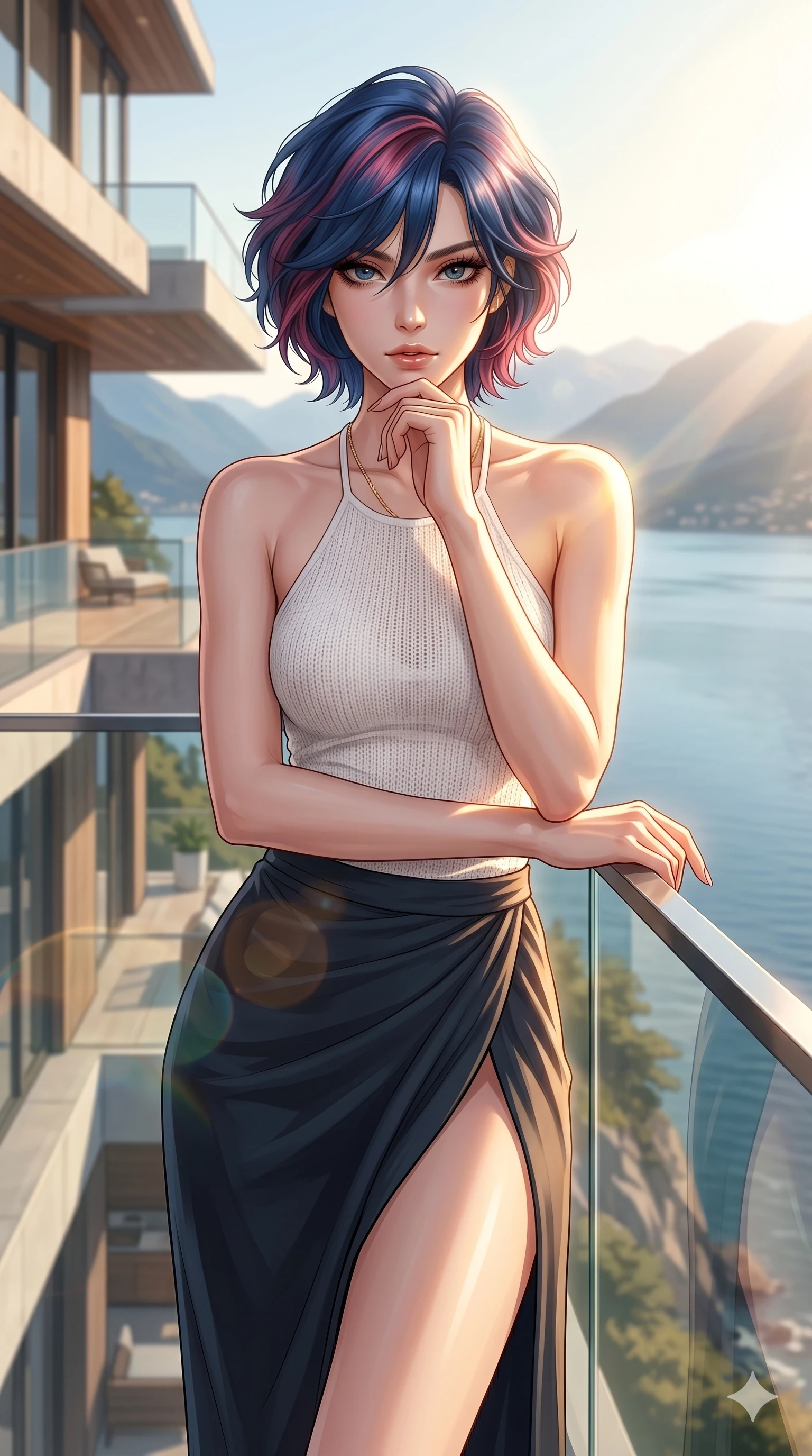 score_9, masterpiece, best quality, ultra-detailed, high-budget anime keyframe, editorial fashion photography, tasteful artistic composition, Korean woman. cowboy shot from the thighs up, character and outfit filling the frame for maximum editorial presence. resting her chin on her fingers, looking directly into the lens with a piercing, mysterious gaze on a private viewing balcony of a modern architectural home built on a cliffside over a lake (Code-P058). She has an absolutely perfect 8-heads proportion, an exceptionally tall and slender female figure with impossibly long slender legs and an ultra-slim waist. V-shaped jawline, high-bridge nose, intricate jewel-like eyes with depth, thick eyelashes, glossy lips with a natural sheen. wearing a white knit halter top showing her elegant clavicle lines, and a high-slit wrap skirt. drenched in brilliant afternoon sunshine, casting warm rays that trace the curves of her athletic figure. 2k, ultra detail, master piece, 9:16 ratio