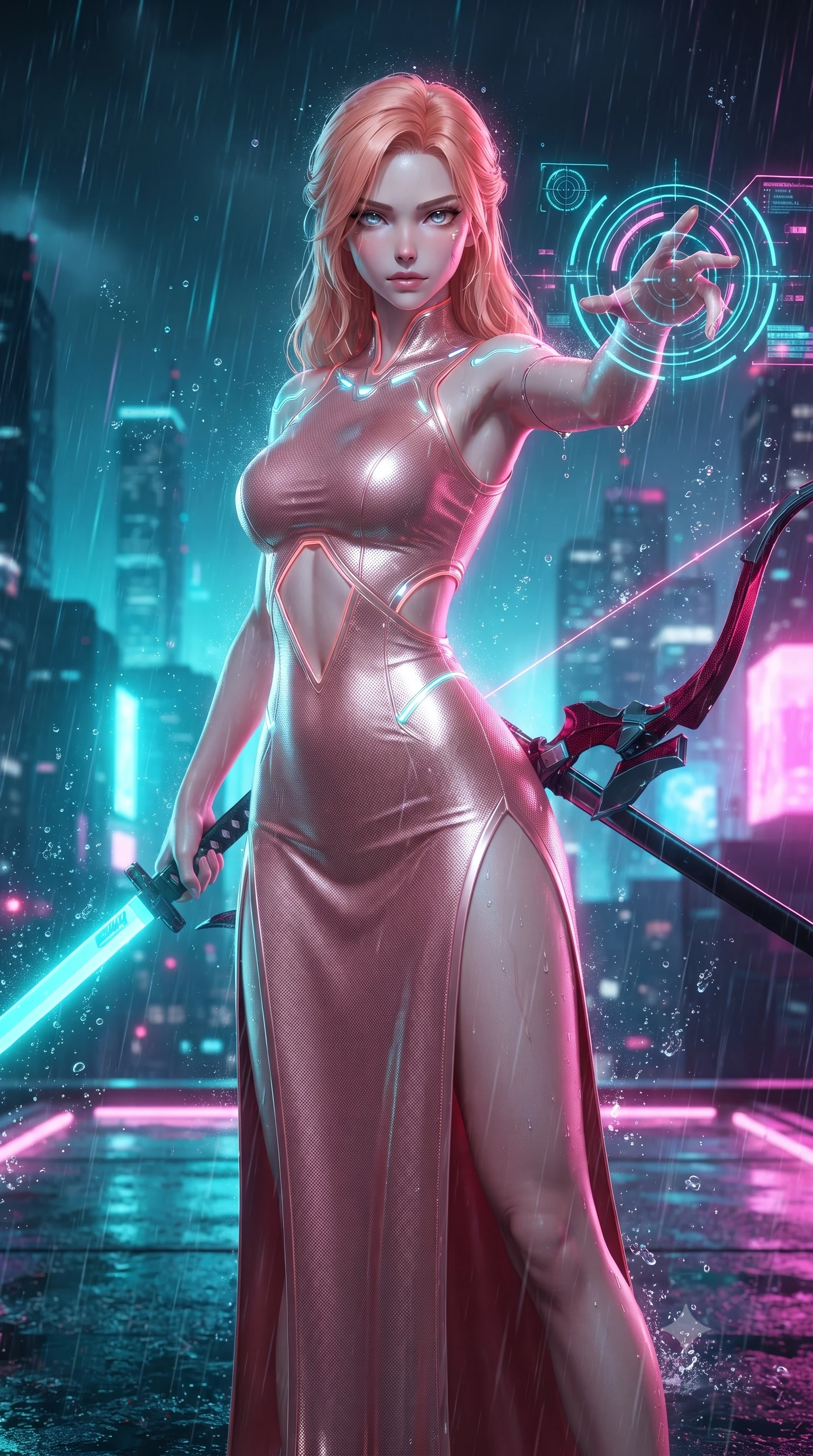 score_9, masterpiece, best quality, ultra-detailed, high-budget anime keyframe, editorial fashion photography, tasteful artistic composition, Japanese woman. close-up cowboy shot from the waist and thighs up, the character dominates the composition, filling the frame with her large presence. extending one arm gracefully as glowing holographic targeting reticles and data streams orbit her fingertips with sovereign power while standing with supreme combat grace on a wet skyscraper helipad amidst heavy neon rain while drawing a glowing cyan plasma katana. The composition keeps background elements in soft focus with creamy bokeh. sparkling plasma energy motes and splashing rain droplets scattering radiant light across a dark backdrop. She has an exceptionally elegant, slender, and willowy female figure with an ultra-slim waist, a gracefully sculpted slender torso, toned flat midriff, and a refined slim silhouette. sharp v-shaped jawline, high-bridge nose, intricate jewel-like eyes with depth, thick eyelashes, glossy lips with a natural sheen, flawlessly proportioned anatomical accuracy, strict slender model proportions, natural body alignment, perfectly sculpted long slender limbs, ultra-slim waistline, clean dynamic posture without body distortion. wearing a form-fitting luminous rose-gold carbon combat gown with tactical side slits, wielding a floating magnetic energy bow with celestial poise in deep crimson carbon weave with specular dark chrome accents, tailored from flexible second-skin carbon-mesh that clings flawlessly to her athletic curves, accented with glowing fiber-optic conduits tracing her collarbones and hip curves, the precision-cut daring openings accentuating her delicate midriff, graceful bare collarbones, and ultra-slim feminine waistline. bathed in vivid high-contrast neon cyan and magenta city backlighting with electric blade glow. ultra-reflective glossy finish, specular highlights, dark metallic sheen, high-contrast stereoscopic depth, volumetric dynamic lighting, 2k, ultra detail, master piece, 9:16 ratio