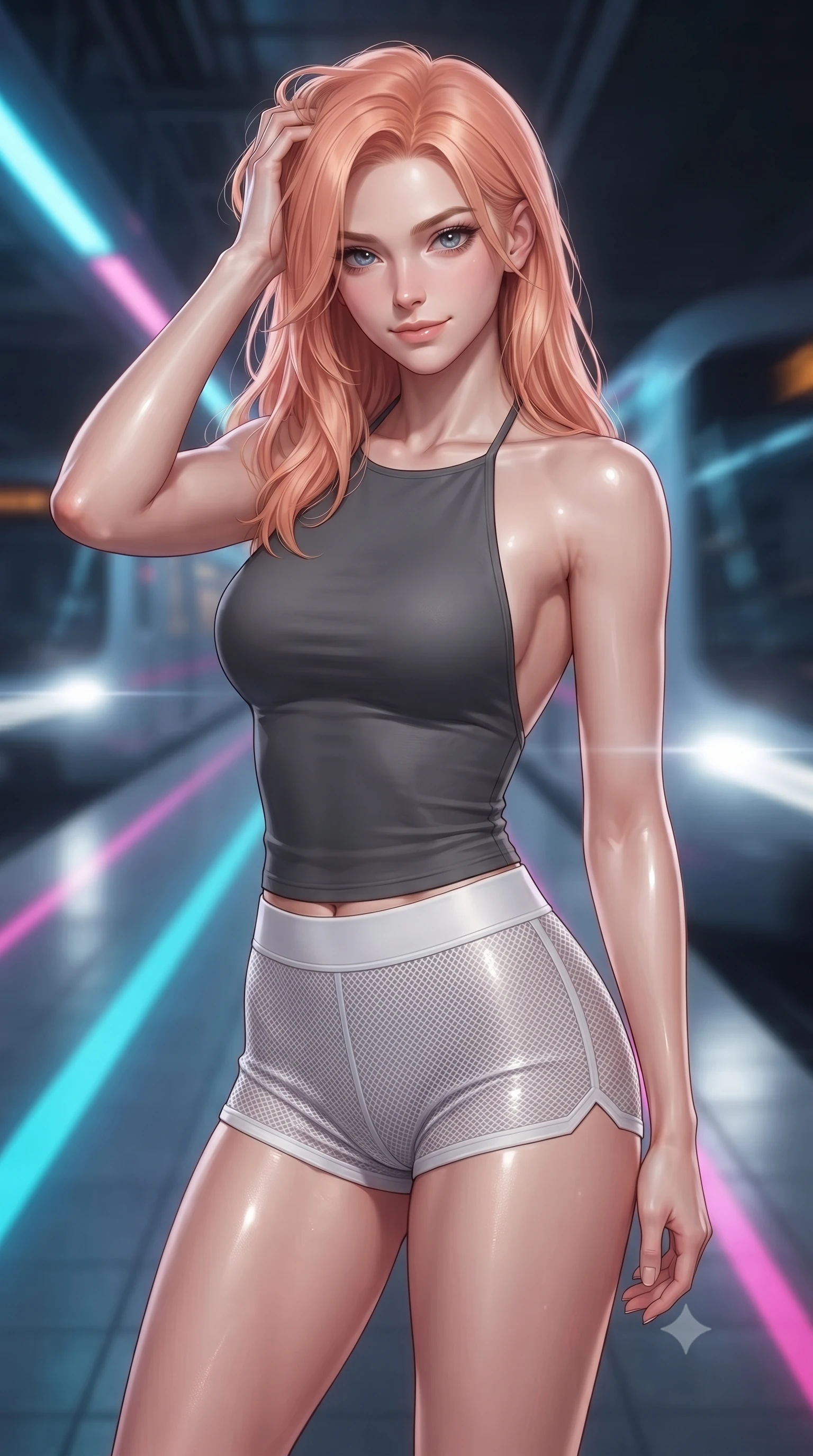 score_9, masterpiece, best quality, ultra-detailed, high-budget anime keyframe, editorial fashion photography, tasteful artistic composition, Japanese woman. close-up cowboy shot from the waist and thighs up, the character dominates the composition, filling the frame with her large presence, background elements kept in soft focus. slowly running a hand through her hair, smiling with quiet, magnetic self-assurance directly into the camera, the background shows a soft-focus a subterranean transit station with neon lane markers and moving hyper-trains. She has an exceptionally elegant, slender, and willowy female figure with an ultra-slim waist, a gracefully sculpted slender torso, and a refined silhouette. sharp v-shaped jawline, high-bridge nose, intricate jewel-like eyes with depth, thick eyelashes, glossy lips with a natural sheen. wearing a form-contouring backless combat halter top in charcoal grey, paired with white carbon-mesh micro-shorts. intermittent bright white headlight beams flashing across her athletic form. ultra-reflective glossy finish, specular highlights, metallic sheen, high-contrast stereoscopic depth, volumetric dynamic lighting, 2k, ultra detail, master piece, 9:16 ratio