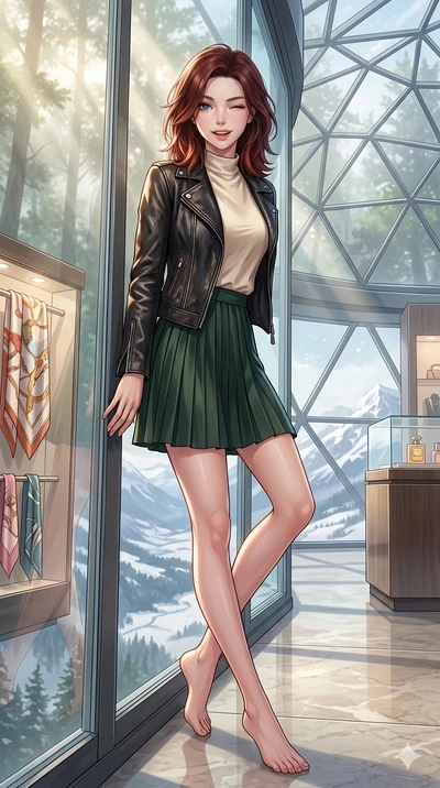 score_9, masterpiece, best quality, ultra-detailed, high-budget anime keyframe, vibrant anime aesthetic, Korean woman. low angle full-body shot from head to toe showing her feet, filling the entire 9:16 vertical frame with her statuesque presence, st