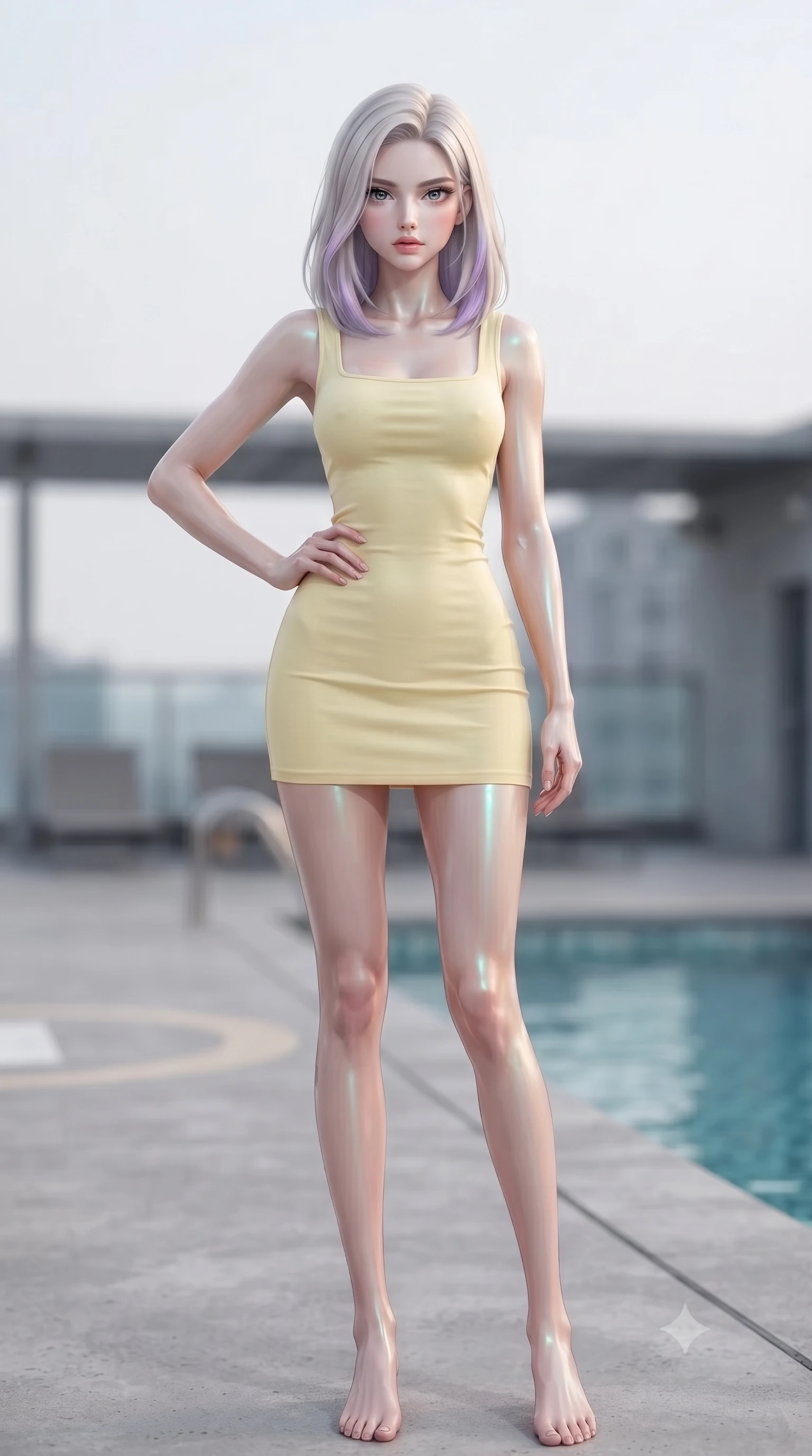 score_9, masterpiece, best quality, ultra-detailed, high-budget anime keyframe, editorial fashion photography, tasteful artistic composition, Caucasian woman. low angle full-body shot from head to toe showing her feet, filling the entire 9:16 vertical frame with her statuesque presence, stretching her vertical silhouette. posing confidently with one hand on her hip, stretching her statuesque body to emphasize her curves the background shows a soft-focus a concrete helipad deck next to a private swimming pool on a rooftop. She has an absolutely perfect, statuesque 8.5-heads proportion, an exceptionally tall and slender model-like female figure with impossibly long slender legs and an ultra-slim waist. sharp v-shaped jawline, high-bridge nose, intricate jewel-like eyes with depth, thick eyelashes, glossy lips with a natural sheen. wearing a body-hugging casual summer sundress in pale yellow cotton with a simple square neckline. shifting aqua light reflections from the pool water mapping across her features. ultra-reflective glossy finish, specular highlights, metallic sheen, high-contrast stereoscopic depth, volumetric dynamic lighting, 2k, ultra detail, master piece, 9:16 ratio