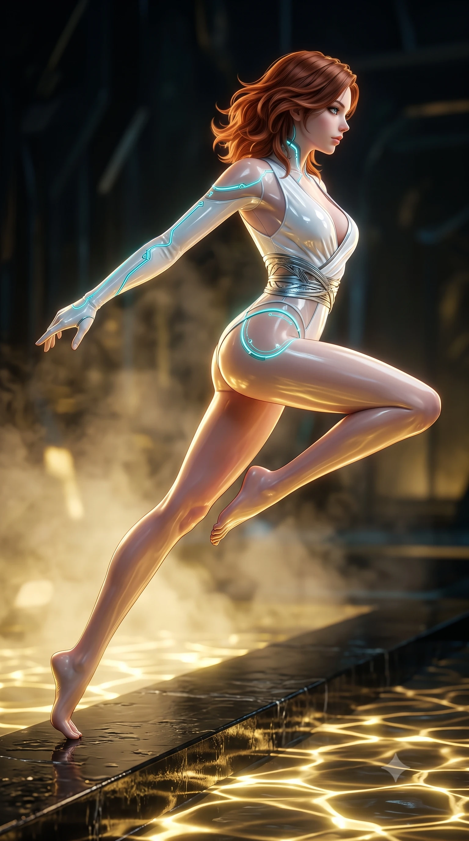 score_9, masterpiece, best quality, ultra-detailed, high-budget anime keyframe, semi-realistic 3D game render, editorial fashion photography, tasteful artistic composition, Korean woman. low angle full-body shot from head to toe showing her feet, filling the entire 9:16 vertical frame with her statuesque presence, stretching her vertical silhouette. leaping through mid-air with an athletic yet alluring arch of her spine, her impossibly long slender legs stretched in flawless poise while reclining along the wet obsidian ledge of a cybernetic sanctuary with glowing gold caustics illuminating her figure. The composition keeps background elements in soft focus with creamy bokeh. golden caustics and steam vapors scattering into a dreamy warm backdrop. She has an absolutely perfect, statuesque 8.5-heads proportion, an exceptionally tall and slender model-like female figure with impossibly long slender legs and an ultra-slim waist. sharp v-shaped jawline, high-bridge nose, intricate jewel-like eyes with depth, thick eyelashes, glossy lips with a natural sheen, flawlessly proportioned anatomical accuracy, natural body alignment, perfectly sculpted elegant limbs, clean dynamic posture without body distortion. wearing a shortened cyber-fusion wrap top with transparent chiffon panels, a deep crossover neckline, and a high-waisted metallic sash that accentuates her ultra-slim waist in pure snow white latex and glowing cyan circuit seams, formed from high-gloss patent material with specular light reflections, accented with glowing fiber-optic seams tracing her collarbones and hip curves, the glove-like fit tightly following every curve of her statuesque athletic build. surrounded by a mysterious, opulent, and dangerously sensual sanctuary atmosphere. highly saturated vibrant anime colors, detailed shading with soft gradients, rich glossy textures, high-contrast stereoscopic depth, volumetric dynamic lighting, master piece, 9:16 ratio