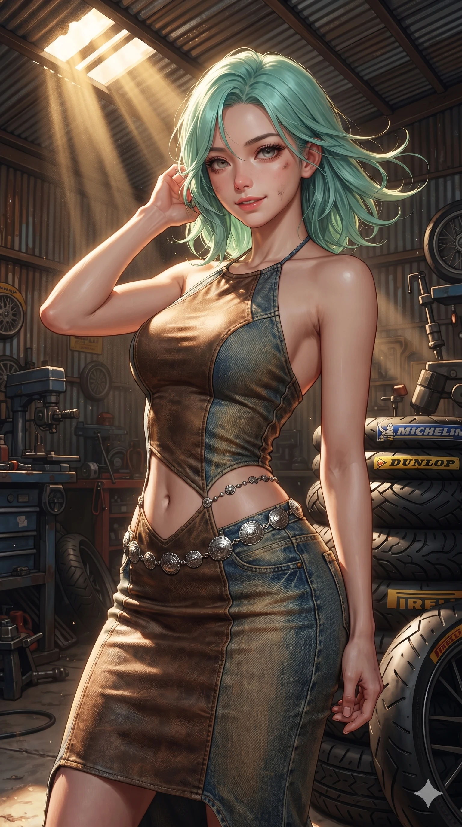 score_9, masterpiece, best quality, ultra-detailed, high-budget anime keyframe, editorial fashion photography, tasteful artistic composition, Japanese woman. close-up cowboy shot from the waist and thighs up, the character dominates the composition, filling the frame with her large presence. gently brushing a lock of windblown hair behind her ear while casting a playful, flirtatious side-gaze with long eyelashes while standing in a tall, confident posture beside a stacked row of motorcycle tires, stretching her statuesque body as she arches her lower back to emphasize her curvy hips. The surrounding environment is rendered in vivid detail and crisp panoramic clarity: detailed cut-off denim texture, subtle smudge on skin, and authentic workshop craftsmanship in high resolution. She has an exceptionally elegant, slender, and willowy female figure with an ultra-slim waist, flat toned midriff, narrow ribcage, and sculpted feminine hips creating an alluring, slim hourglass silhouette without bulk. sharp v-shaped jawline, high-bridge nose, sparkling eyes with hypnotic seductive depth, thick curled eyelashes, glossy parted lips with a natural dewy peach sheen, alluring bedroom-eyes with an enchanting coquettish smile, exuding magnetic siren charisma and sophisticated glamour, flawlessly proportioned anatomical accuracy, strict slender model proportions, natural body alignment, perfectly sculpted long slender limbs, ultra-slim waistline, clean dynamic posture without body distortion. wearing a form-fitting liquid mercury jersey halter dress clinging smoothly to her narrow waist and rounded hips in distressed whiskey leather brown and sun-bleached denim blue, crafted from rugged heavy-duty canvas and oiled leather with authentic desert durability, accented with a silver concho belly chain resting across her flat midriff and curving hips, the glove-like clinging cut tightly following the natural contour of her hips and long slender legs with youthful 8.5-heads elegance. bathed in dramatic shafts of golden afternoon sunlight cutting through corrugated roof cracks and dusty air with intense chiaroscuro contrast. ultra-reflective glossy finish, specular highlights, rich textural contrasts, high-contrast stereoscopic depth, volumetric dynamic lighting, 2k, ultra detail, master piece, 9:16 ratio