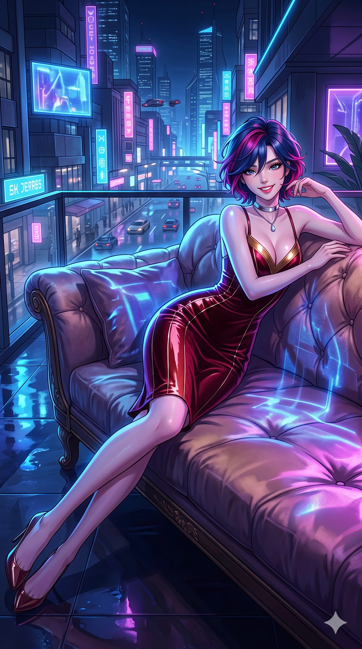 score_9, masterpiece, best quality, ultra-detailed, high-budget anime keyframe, editorial fashion photography, tasteful artistic composition, Korean woman. low angle full-body shot from head to toe showing her feet, filling the entire 9:16 vertical frame with her statuesque presence, stretching her vertical silhouette. reclining gracefully across the plush chaise lounge with one leg extended, her sculpted silhouette and flat midriff radiating magnetic nocturnal glamour while twisting her slender torso in an alluring S-curve, deep ocean blue and neon purple holographic projections playing across her flat midriff and hips. The surrounding environment is rendered in vivid detail and crisp panoramic clarity: detailed garment drape, second-skin fit, and bustling futuristic streetscape in high resolution. She has an exceptionally tall and slender model-like 8.5-heads proportion, an ultra-slim waist, a flat toned midriff, narrow delicate ribcage, and beautifully sculpted feminine hips creating a graceful, slim hourglass silhouette without any bulky heaviness, with impossibly long slender legs. sharp v-shaped jawline, high-bridge nose, intricate jewel-like sparkling eyes with depth, thick eyelashes, glossy parted lips with a natural peach sheen, bright cheerful beaming smile with an enchanting and coquettish sensual glint, exuding both youthful cute charm and seductive allure, flawlessly proportioned anatomical accuracy, strict slender model proportions, natural body alignment, perfectly sculpted long slender limbs, ultra-slim waistline, clean dynamic posture without body distortion. wearing a tailored liquid velvet bodycon dress with metallic fiber pinstripes following her statuesque 8.5-heads silhouette in royal opera crimson velvet and burnished gold, tailored from high-gloss patent leather with mirror-like specular highlights, finished with a minimalist chrome choker and a single teardrop diamond pendant, the impeccably tailored cut draping gracefully along her slender figure with aristocratic poise. illuminated by puddle reflection bounce and sharp neon-blue rim lights defining her jawline, narrow waist, and curvy hips. ultra-reflective glossy finish, specular highlights, rich textural contrasts, high-contrast stereoscopic depth, volumetric dynamic lighting, 2k, ultra detail, master piece, 9:16 ratio