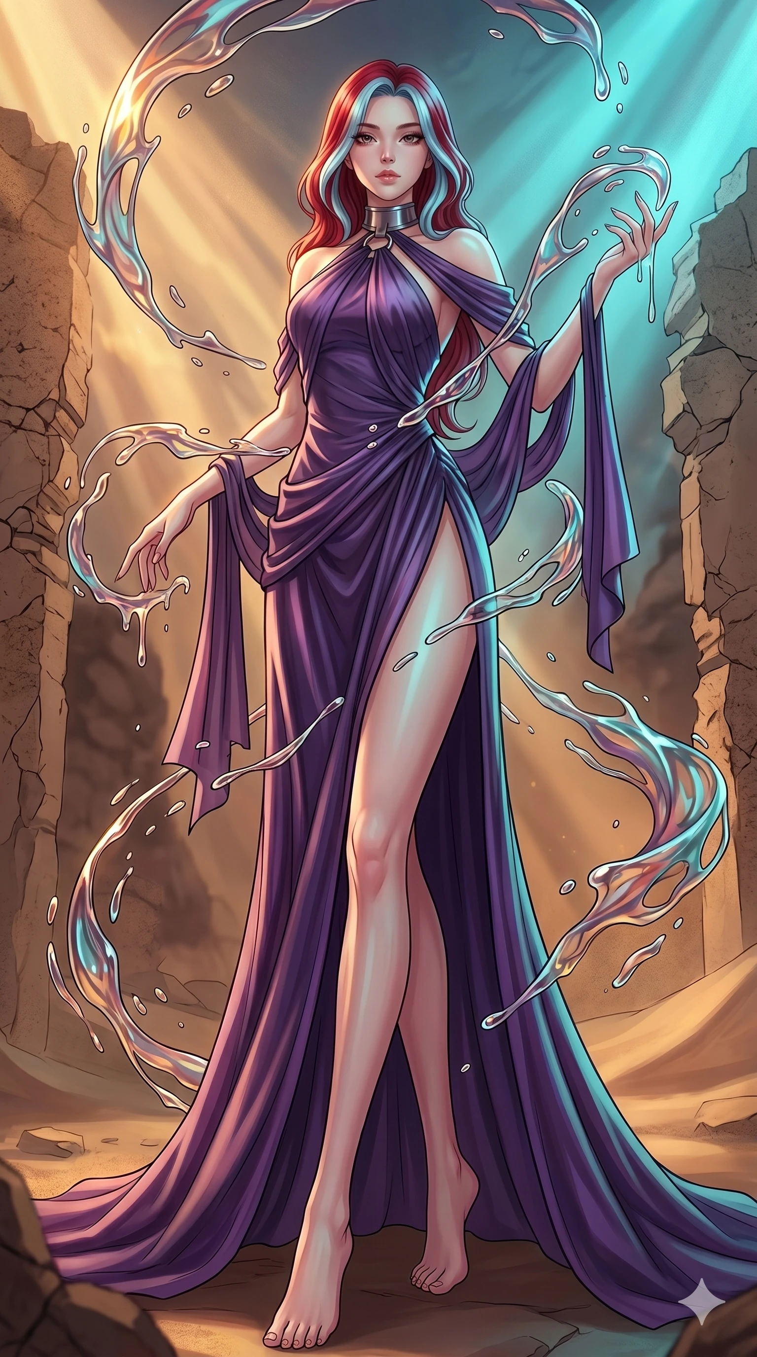 score_9, masterpiece, best quality, ultra-detailed, high-budget anime keyframe, Japanese woman. low angle full-body shot filling the entire 9:16 frame with her statuesque presence, stretching the vertical silhouette. interacting with liquid stained-glass that melts and swirls in mid-air inside a crumbling desert ruin, the fluid jewelry floating in suspension. She has an absolutely perfect 8-heads proportion, an exceptionally tall and slender female figure with impossibly long slender legs and an ultra-slim waist. V-shaped jawline, high-bridge nose, intricate jewel-like eyes with depth, thick eyelashes, glossy lips with a natural sheen.. wearing a gothic liquid silk gown, featuring a deep purple liquid silk maxi gown draped around her, secured by a metallic choker collar, with a high side slit. showcasing a beautiful play of light and shadow, with warm golden rays clashing against cool cyan highlights. 2k, ultra detail, master piece, 9:16 ratio