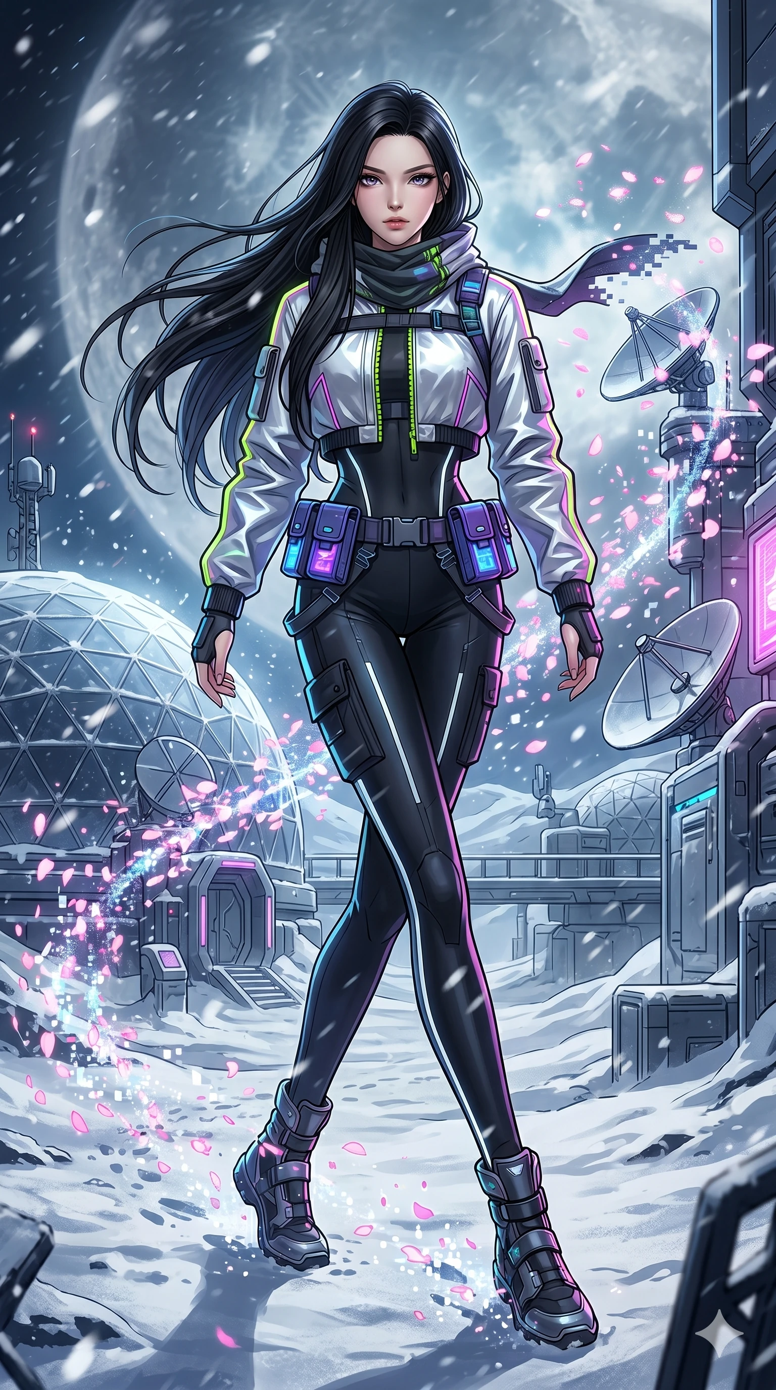 score_9, masterpiece, best quality, ultra-detailed, high-budget anime movie keyframe, cinematic anime lighting, intricate line art, Japanese woman. Dynamic full-body shot stretching the vertical silhouette across the 9:16 frame. walking through a blizzard in a lunar observatory with digital sakura petals. She has an absolutely perfect 8-heads proportion, an exceptionally tall and slender female figure with an ultra-slim waist and impossibly long slender legs. sharp v-shaped jawline, high-bridge nose, intricate jewel-like eyes, thick eyelashes, glossy lips. Wearing modern urban tech-wear ensemble with a cropped reflective bomber jacket, ultra-slim high-waisted cargo leggings, and tactical harness with neon-lit pouches. The scene is illuminated by dramatic atmospheric lighting and vibrant color palettes. , 2k, ultra detail, master piece, 9:16 ratio