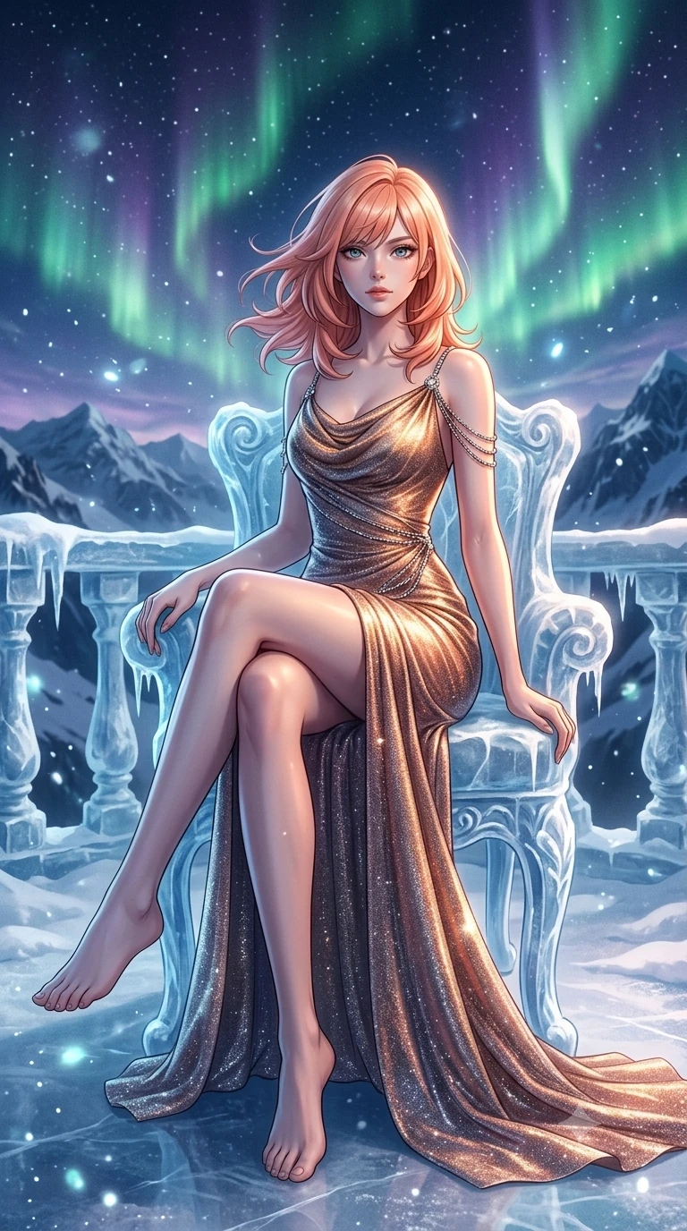 score_9, masterpiece, best quality, ultra-detailed, high-budget anime keyframe, semi-realistic 3D game render, editorial fashion photography, tasteful artistic composition, Japanese woman. low angle full-body shot from head to toe showing her feet, filling the entire 9:16 vertical frame with her statuesque presence, stretching her vertical silhouette. stepping slowly toward the camera with hypnotic grace, hips swaying in an alluring sensual rhythm that accentuates her curvy hourglass silhouette and long slender legs while sitting gracefully on the sculpted ice chair with legs crossed, flashing a playful, coquettish smile with parted glossy lips. The background shows a soft-focus fine wind-borne ice dust motes softened in high-altitude glacial balcony shallow focus. She has an exceptionally tall and slender model-like 8.5-heads proportion, an ultra-slim waist, a flat toned midriff, narrow delicate ribcage, and beautifully sculpted feminine hips creating a graceful, slim hourglass silhouette without any bulky heaviness, with impossibly long slender legs. sharp v-shaped jawline, high-bridge nose, intricate jewel-like sparkling eyes with depth, thick eyelashes, glossy parted lips with a natural peach sheen, bright cheerful beaming smile with an enchanting and coquettish sensual glint, exuding both youthful cute charm and seductive allure, flawlessly proportioned anatomical accuracy, strict slender model proportions, natural body alignment, perfectly sculpted long slender limbs, ultra-slim waistline, clean dynamic posture without body distortion. wearing a form-fitting liquid mercury jersey evening dress clinging smoothly to her narrow waist and rounded hips in cosmic eclipse amber and starlight diamond, woven from stretch metallic lurex jersey casting radiant starlight glints across her curves, accented with an open-back drape framed by falling strands of delicate chrome chains, the bespoke structured tailoring following the natural line of her 8.5-heads silhouette with refined elegance. bathed in the natural undulating luminescence of polar auroras mixed with cool opera stage uplighting. highly saturated vibrant anime colors, detailed shading with soft gradients, rich glossy textures, high-contrast stereoscopic depth, volumetric dynamic lighting, master piece, 9:16 ratio