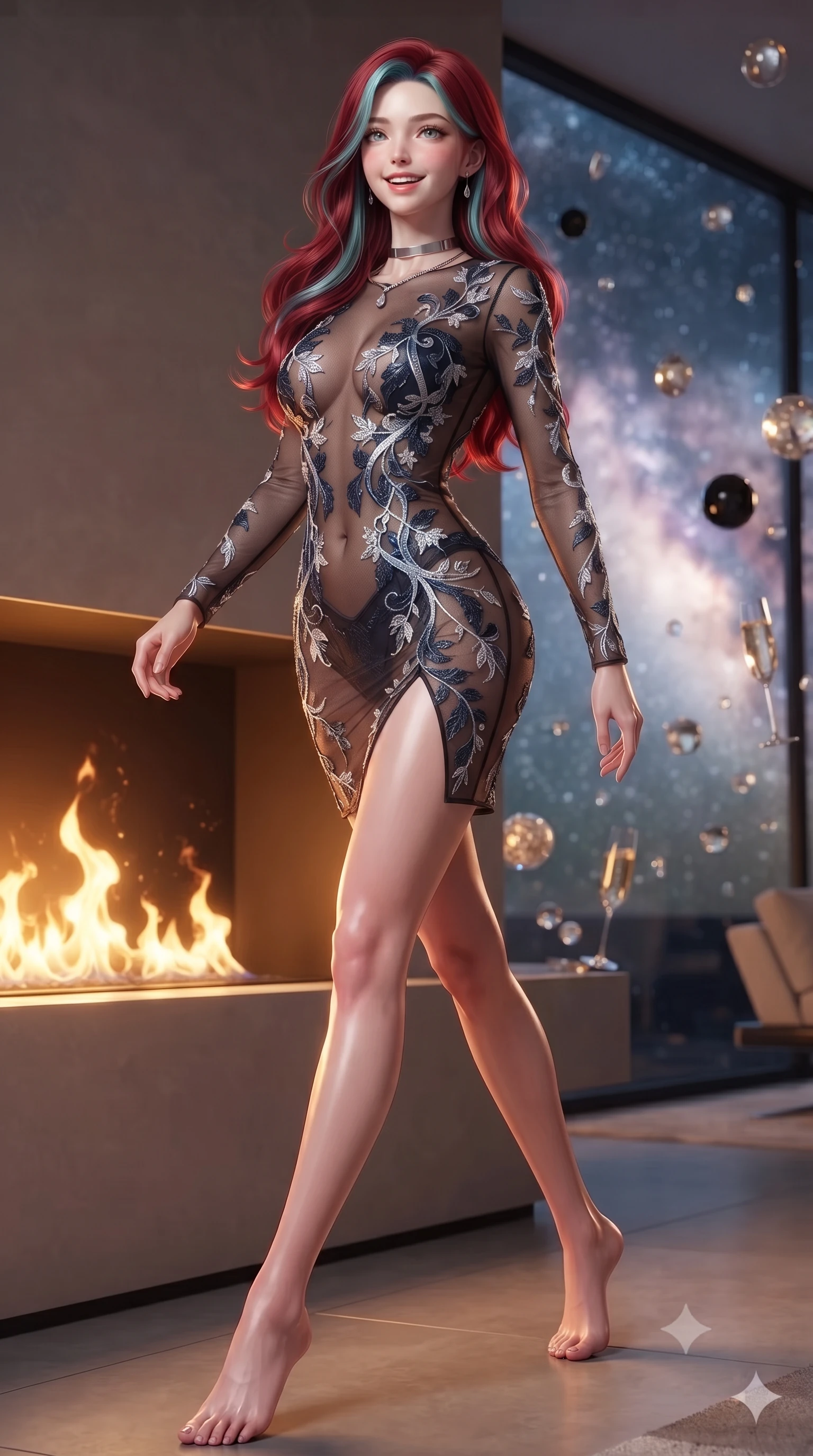 score_9, masterpiece, best quality, ultra-detailed, high-budget anime keyframe, editorial fashion photography, tasteful artistic composition, Caucasian woman. low angle full-body shot from head to toe showing her feet, filling the entire 9:16 vertical frame with her statuesque presence, stretching her vertical silhouette. stepping forward in a confident stride, her long slender legs and curvaceous hips creating a dynamic, sweeping vertical line while twisting her slender torso in an alluring contrapposto stance beside the minimalist fireplace niche, warm golden plasma flames dancing across her narrow waist and curvy hips. The background shows a soft-focus floating zero-gravity liquid spheres, crystal flutes, and brilliant Milky Way star clusters through panoramic glass blurred into champagne, diamond, and onyx bokeh. She has an exceptionally tall and slender model-like 8.5-heads proportion, an ultra-slim waist, a flat toned midriff, narrow delicate ribcage, and beautifully sculpted feminine hips creating a graceful, slim hourglass silhouette without any bulky heaviness, with impossibly long slender legs. sharp v-shaped jawline, high-bridge nose, intricate jewel-like sparkling eyes with depth, thick eyelashes, glossy parted lips with a natural peach sheen, bright cheerful beaming smile with an enchanting and coquettish sensual glint, exuding both youthful cute charm and seductive allure, flawlessly proportioned anatomical accuracy, strict slender model proportions, natural body alignment, perfectly sculpted long slender limbs, ultra-slim waistline, clean dynamic posture without body distortion. wearing a provocative sheer noir illusion mesh combat dress with embroidered climbing metallic ivy ribbons contouring her curves in pristine orbital navy white and silver starlight, woven from buttery-soft stretch lambskin leather adhering to her body like a second skin, finished with a minimalist chrome choker and a single teardrop diamond pendant, the liquid-tight tailored fabric clinging flawlessly to her narrow waist and rounded feminine hips, emphasizing every millimeter of her sculpted slim hourglass curves without any bulky heaviness. bathed in warm 2600K indirect cove lighting paired with the cool brilliant diamond sparkle of unpolluted cosmic starlight. ultra-reflective glossy finish, specular highlights, rich textural contrasts, high-contrast stereoscopic depth, volumetric dynamic lighting, 2k, ultra detail, master piece, 9:16 ratio