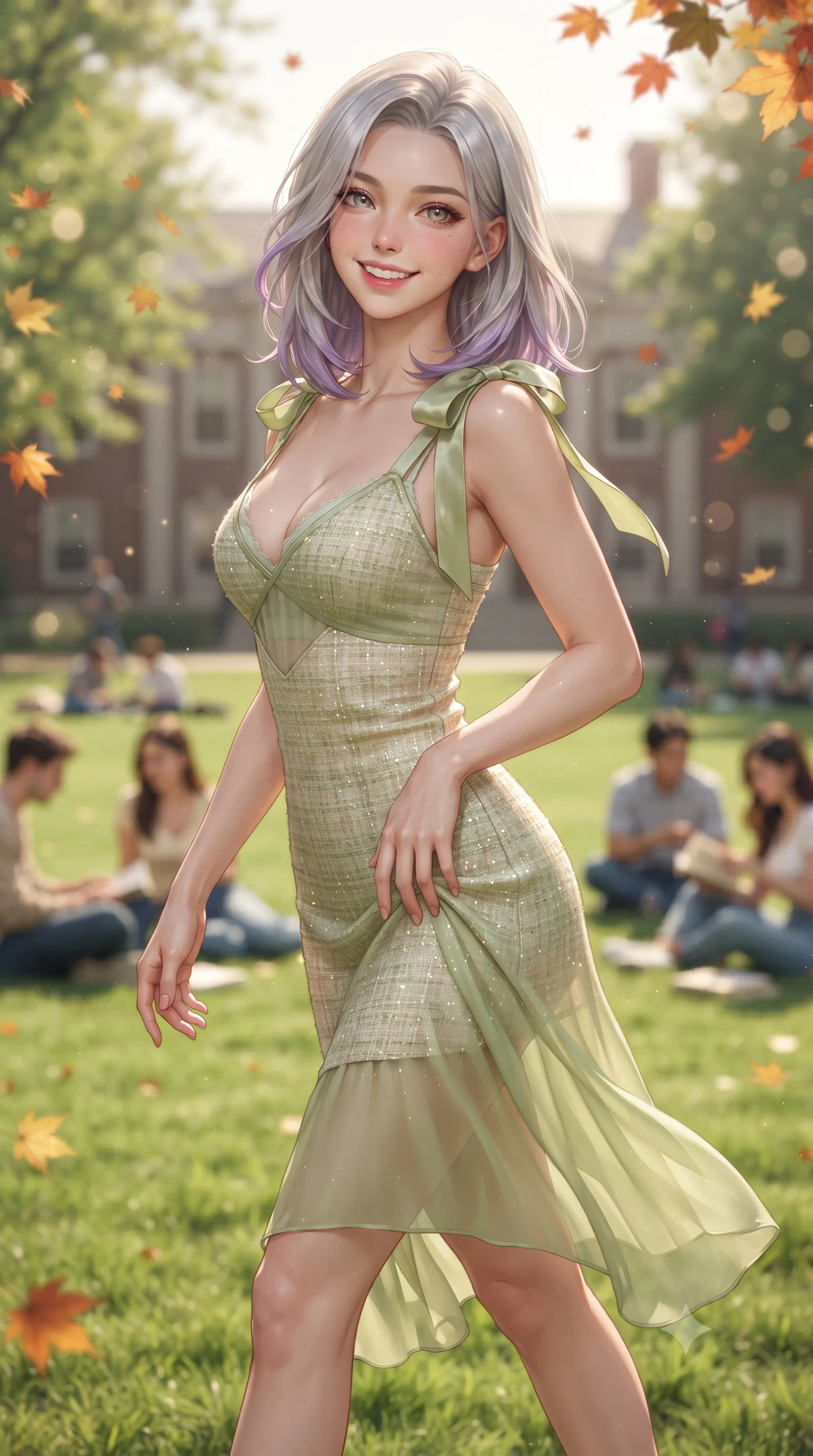 score_9, masterpiece, best quality, ultra-detailed, high-budget anime keyframe, editorial fashion photography, tasteful artistic composition, Caucasian woman. close-up cowboy shot from the waist and thighs up, the character dominates the composition, filling the frame with her large presence. tilting her head with a cute beaming smile while arching her spine with effortless dancer poise, one hand sliding along her hip line in a flirtatious S-curve while walking across the vibrant green collegiate lawn, twisting her slender torso in an alluring contrapposto stance with a joyful, beaming expression. The composition keeps background elements in soft focus with dreamy creamy bokeh. students resting on lawns and fluttering maple leaves softened in nostalgic campus shallow focus. She has an exceptionally elegant, slender, and willowy female figure with an ultra-slim waist, flat toned midriff, narrow ribcage, and sculpted feminine hips creating an alluring, slim hourglass silhouette without bulk. sharp v-shaped jawline, high-bridge nose, intricate jewel-like sparkling eyes with depth, thick eyelashes, glossy parted lips with a natural peach sheen, bright cheerful beaming smile with an enchanting and coquettish sensual glint, exuding both youthful cute charm and seductive allure, flawlessly proportioned anatomical accuracy, strict slender model proportions, natural body alignment, perfectly sculpted long slender limbs, ultra-slim waistline, clean dynamic posture without body distortion. wearing a delicate semi-sheer chiffon sun-slip dress layered over a matching pastel bralette, hugging her slender waist and hips in matcha green and warm ivory, tailored from soft pastel tweed with subtle metallic shimmer, finished with cute satin bow ribbons tying at the shoulders, the high-waisted tailoring accentuating her ultra-slim waistline and the enchanting curve of her feminine hips with alluring charm. illuminated by warm campus grass bounce fill accentuating her sculpted collarbones, ultra-slim waist, and curvy hips. ultra-reflective glossy finish, specular highlights, rich textural contrasts, high-contrast stereoscopic depth, volumetric dynamic lighting, 2k, ultra detail, master piece, 9:16 ratio