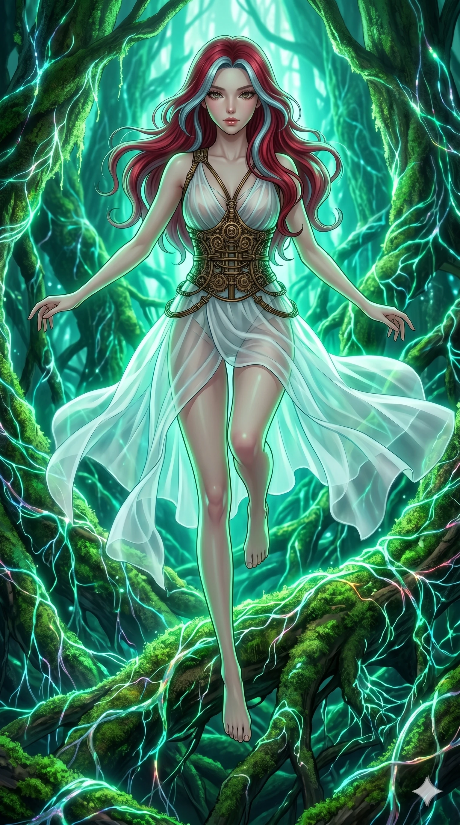score_9, masterpiece, best quality, ultra-detailed, high-budget anime keyframe, Japanese woman. upper body close-up from the thighs up, character filling the screen for maximum presence. jumping amidst giant ancient tree roots wrapped in trillions of glowing mycelium threads pulsing with emerald and opal light. She has an absolutely perfect 8-heads proportion, an exceptionally tall and slender female figure with impossibly long slender legs and an ultra-slim waist. V-shaped jawline, high-bridge nose, intricate jewel-like eyes with depth, thick eyelashes, glossy lips with a natural sheen.. wearing a chrono-gear wire harness couture, featuring micro-bronze gear wire harness cinching her waist, over a sheer white organza dress. bathed in brilliant cinematic volumetric lighting and intense neon rim light highlighting her slender form. 2k, ultra detail, master piece, 9:16 ratio