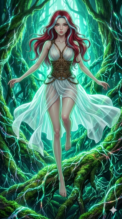 score_9, masterpiece, best quality, ultra-detailed, high-budget anime keyframe, Japanese woman. upper body close-up from the thighs up, character filling the screen for maximum presence. jumping amidst giant ancient tree roots wrapped in trillions of