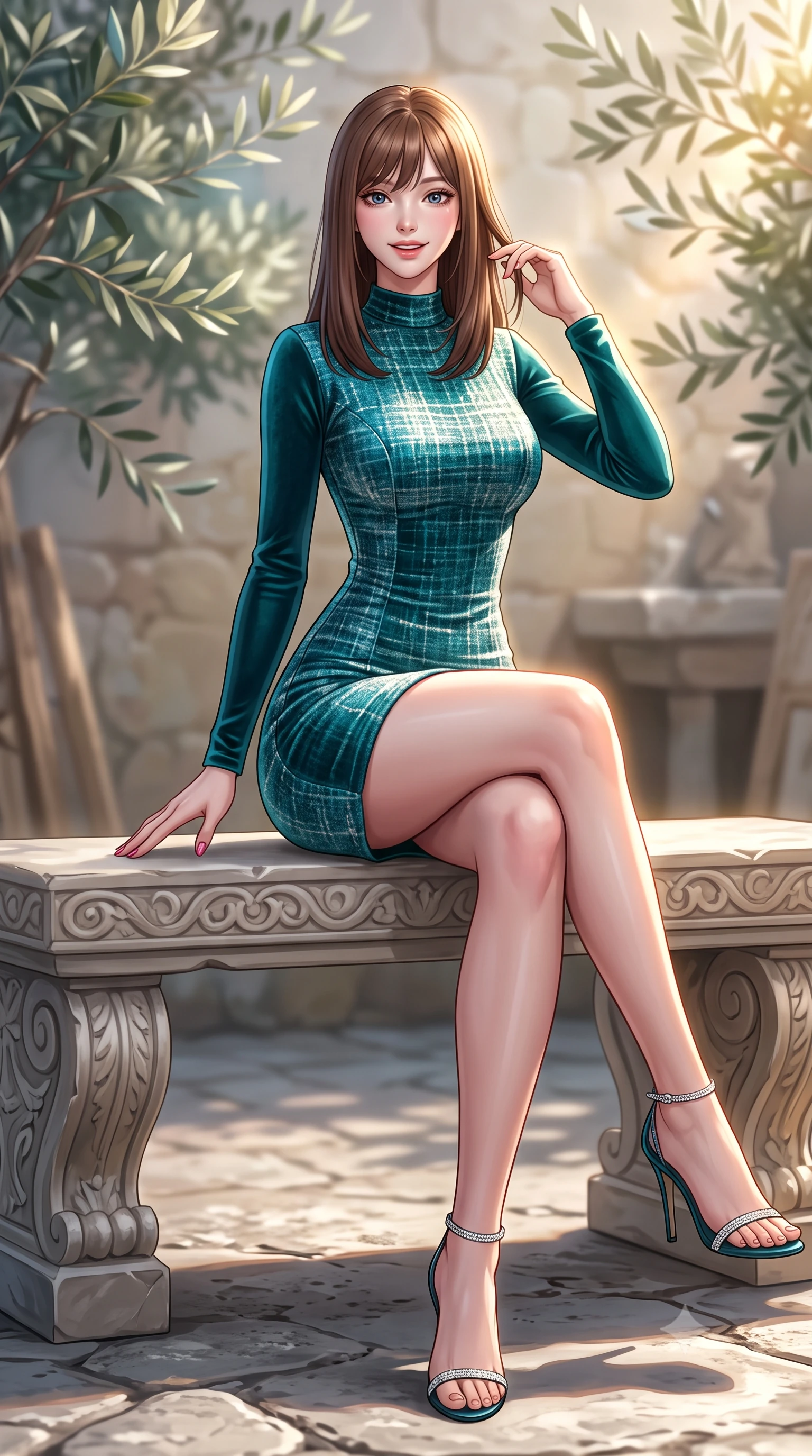 score_9, masterpiece, best quality, ultra-detailed, high-budget anime keyframe, semi-realistic 3D game render, editorial fashion photography, tasteful artistic composition, Korean woman. close-up cowboy shot from the waist and thighs up, the character dominates the composition, filling the frame with her large presence. twisting her slender torso in an alluring contrapposto stance, one hand resting on her sculpted hip while her fingers toy with her hair with effortless poise while sitting gracefully on the carved stone bench with legs crossed, running one manicured hand slowly down her hip with magnetic charm. The background shows a soft-focus silver-green olive leaves softened in timeless artists' sanctuary shallow focus. She has an exceptionally elegant, slender, and willowy female figure with an ultra-slim waist, flat toned midriff, narrow ribcage, and sculpted feminine hips creating an alluring, slim hourglass silhouette without bulk. sharp v-shaped jawline, high-bridge nose, intricate jewel-like sparkling eyes with depth, thick eyelashes, glossy parted lips with a natural peach sheen, bright cheerful beaming smile with an enchanting and coquettish sensual glint, exuding both youthful cute charm and seductive allure, flawlessly proportioned anatomical accuracy, strict slender model proportions, natural body alignment, perfectly sculpted long slender limbs, ultra-slim waistline, clean dynamic posture without body distortion. wearing a tailored velvet bodycon cocktail dress with long fitted sleeves and mock neck in Verdon canyon emerald turquoise and dewy alabaster, woven from structured British tweed with subtle metallic flecks, complemented by strappy stiletto sandals with crystal ankle wraps accentuating her slender calves, the bespoke structured tailoring following the natural line of her 8.5-heads silhouette with refined elegance. illuminated by stone ground reflection fill and sharp flame-gold rim lights defining her razor-sharp jawline, narrow waist, and curvy hips. highly saturated vibrant anime colors, detailed shading with soft gradients, rich glossy textures, high-contrast stereoscopic depth, volumetric dynamic lighting, master piece, 9:16 ratio