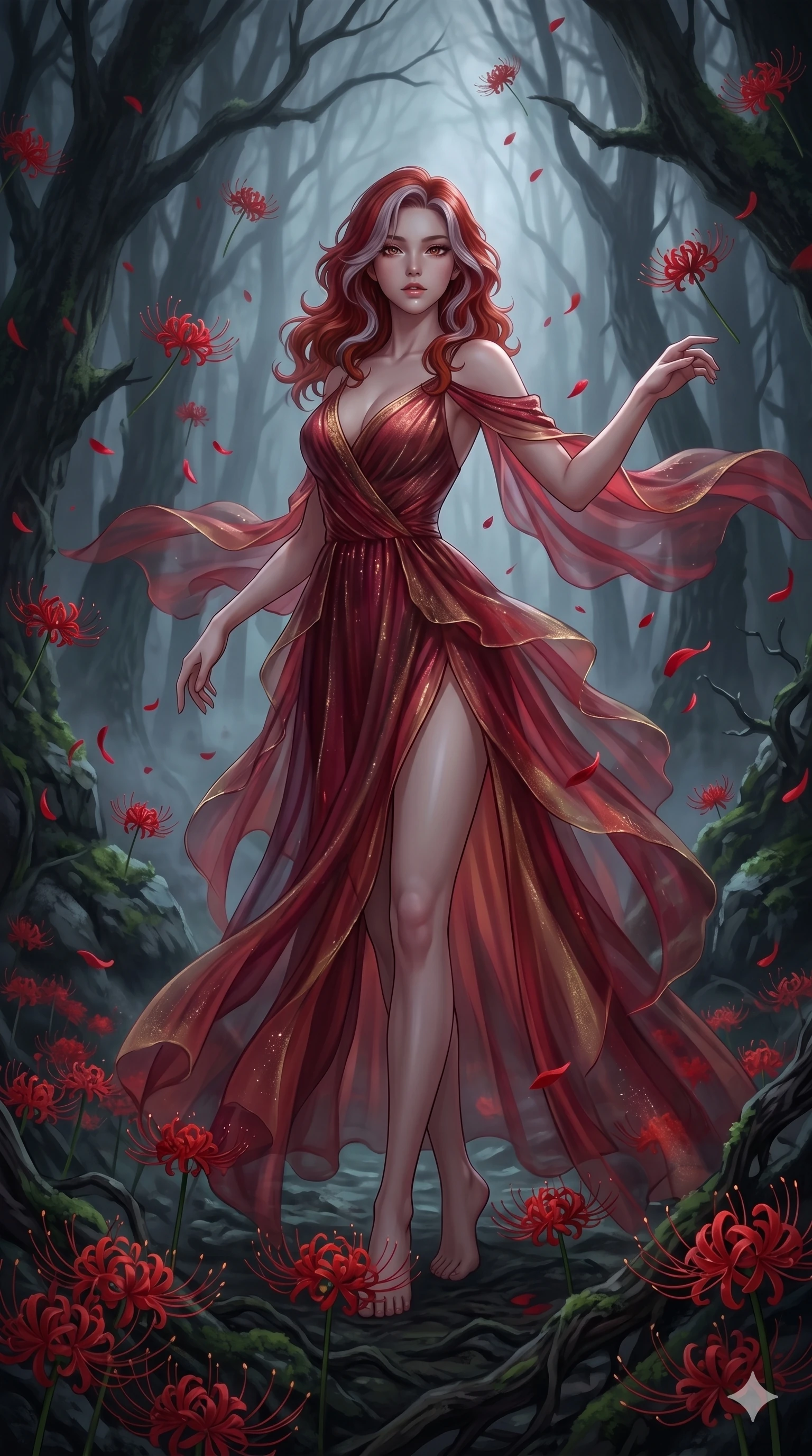 score_9, masterpiece, best quality, ultra-detailed, High-budget Anime Keyframe, East Asian woman. Low angle cowboy shot filling the entire 9:16 frame with her statuesque presence. Scenario 215: Dancing amidst falling red spider lilies in a misty dark forest. Her presence is magnetic and overpowering in this high-budget anime scene. Outfit 215: A shimmering chiffon bare with a thigh-high slit and translucent layers. The clothing is designed to emphasize her exceptionally tall and slender 8-heads proportion. 8-heads proportion, towering silhouette, ultra-slim waist. sharp v-shaped jawline, intricate jewel-like eyes with depth, thick eyelashes, glossy lips. 2k, ultra detail, master piece, 9:16 ratio