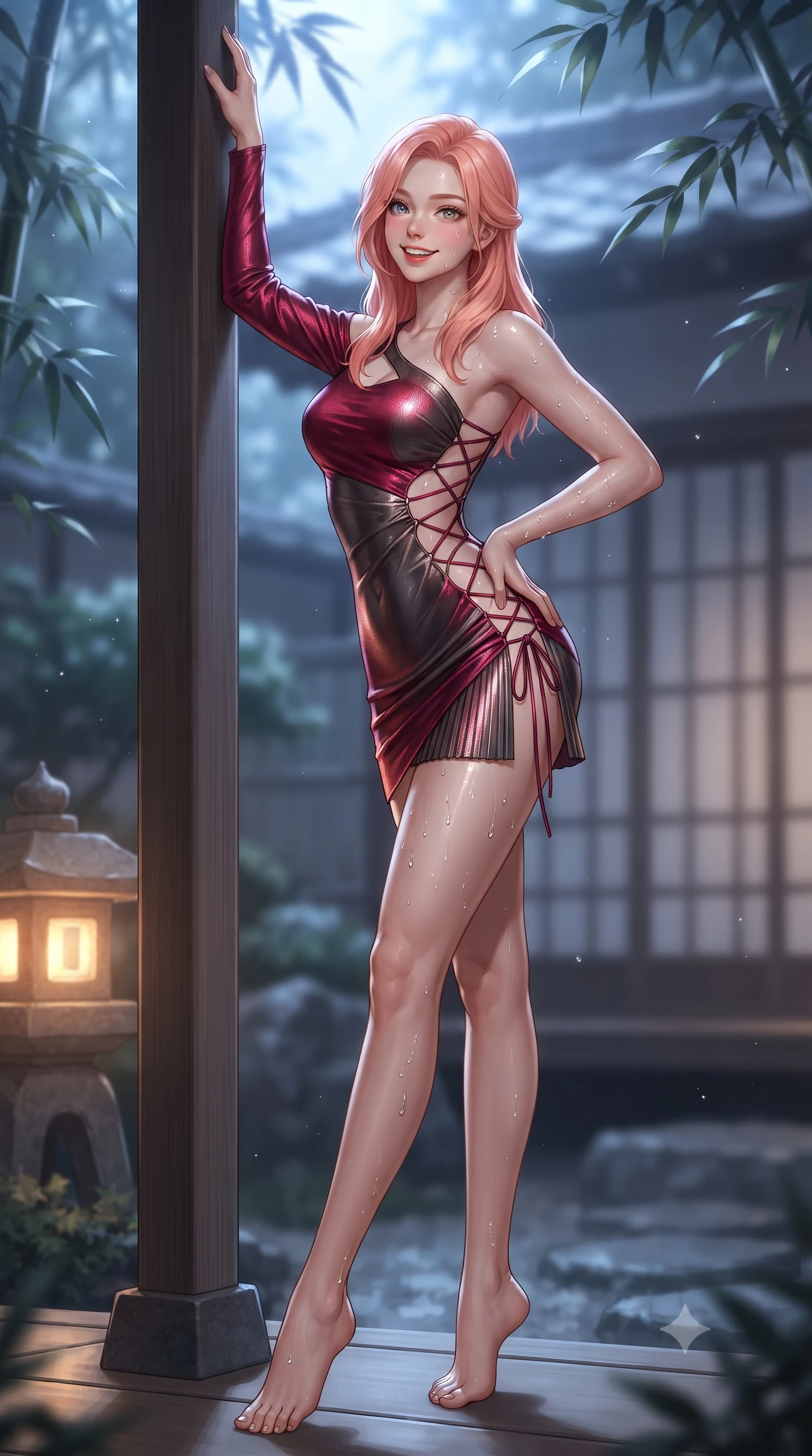 score_9, masterpiece, best quality, ultra-detailed, high-budget anime keyframe, editorial fashion photography, tasteful artistic composition, Japanese woman. low angle full-body shot from head to toe showing her feet, filling the entire 9:16 vertical frame with her statuesque presence, stretching her vertical silhouette. standing tall beside the architectural column, one hand resting high while arching her lower back to emphasize her sculpted feminine hips and slender waist while twisting her slender torso in an alluring S-curve, glistening hot spring droplets and silver moonlight tracing her flat midriff and hips. The background shows a soft-focus traditional shoji pavilion softened in intimate Japanese hot spring sanctuary shallow focus. She has an exceptionally tall and slender model-like 8.5-heads proportion, an ultra-slim waist, a flat toned midriff, narrow delicate ribcage, and beautifully sculpted feminine hips creating a graceful, slim hourglass silhouette without any bulky heaviness, with impossibly long slender legs. sharp v-shaped jawline, high-bridge nose, intricate jewel-like sparkling eyes with depth, thick eyelashes, glossy parted lips with a natural peach sheen, bright cheerful beaming smile with an enchanting and coquettish sensual glint, exuding both youthful cute charm and seductive allure, flawlessly proportioned anatomical accuracy, strict slender model proportions, natural body alignment, perfectly sculpted long slender limbs, ultra-slim waistline, clean dynamic posture without body distortion. wearing an asymmetrical cut-out tech-couture mini dress with one long sleeve, bare shoulder, and side-waist cutouts in rich ruby crimson and dark brushed titanium, crafted from delicate pleated metallic lamé catching dynamic light with every step, featuring fine criss-cross lace-up side ties revealing tantalizing glimpses of her hip curve, the second-skin tailored fabric adhering flawlessly to her sculpted flat midriff and slender torso, emphasizing her long leg lines and perfectly proportioned willowy build. bathed in mystical cool silver moonlight filtering through swaying bamboo leaves combined with warm 2700K stone lantern glow. ultra-reflective glossy finish, specular highlights, rich textural contrasts, high-contrast stereoscopic depth, volumetric dynamic lighting, 2k, ultra detail, master piece, 9:16 ratio