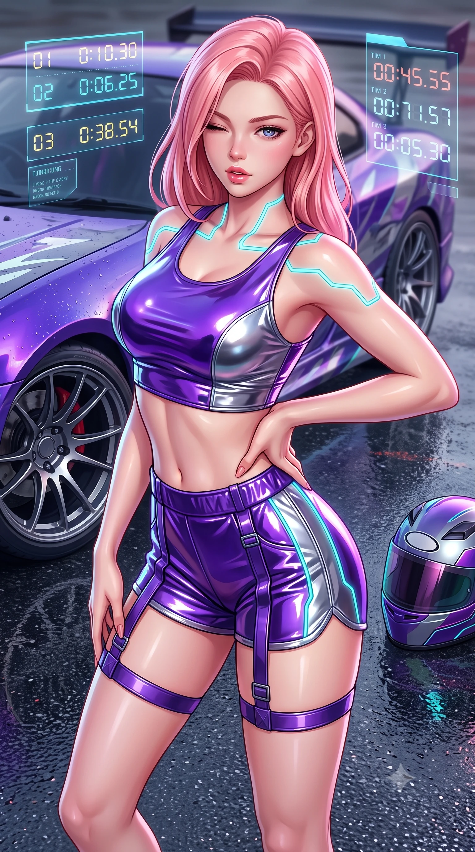 score_9, masterpiece, best quality, ultra-detailed, high-budget anime keyframe, semi-realistic 3D game render, editorial fashion photography, tasteful artistic composition, Japanese woman. close-up cowboy shot from the waist and thighs up, the character dominates the composition, filling the frame with her large presence. arching her spine in an alluring serpentine S-curve, one hand resting on her waist with parted glossy lips and an intensely magnetic gaze while pivoting sharply with supermodel momentum on the wet tarmac, a playful wink breaking across her radiant face. The surrounding environment is rendered in vivid detail and crisp panoramic clarity. detailed holographic timing displays, alloy wheel spokes, and high-tech racing helmet in high clarity. She has an exceptionally elegant, slender, and willowy female figure with an ultra-slim waist, a gracefully sculpted slender torso, toned flat midriff, and a refined slim silhouette. sharp v-shaped jawline, high-bridge nose, intricate jewel-like eyes with depth, thick eyelashes, glossy parted lips with a natural sheen, intensely captivating and seductive expression, flawlessly proportioned anatomical accuracy, strict slender model proportions, natural body alignment, perfectly sculpted long slender limbs, ultra-slim waistline, clean dynamic posture without body distortion. wearing a metallic leather crop tank with high-waist track shorts and tactical leg harness straps in toxic ultraviolet purple and chrome silver, tailored from high-gloss patent vinyl with sharp specular chiaroscuro, finished with glowing cyan circuit lines tracing her collarbones and shoulders, the liquid-tight tailored fabric emphasizing every curve of her tall, slender model proportions and sculptured silhouette. surrounded by an adrenaline-fueled, audacious, and wildly charismatic drift idol aura. highly saturated vibrant anime colors, detailed shading with soft gradients, rich glossy textures, high-contrast stereoscopic depth, volumetric dynamic lighting, master piece, 9:16 ratio