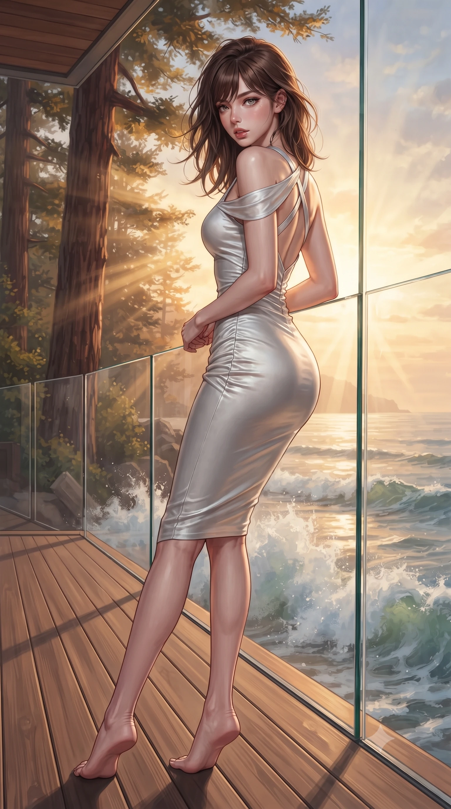 score_9, masterpiece, best quality, ultra-detailed, high-budget anime keyframe, editorial fashion photography, tasteful artistic composition, Korean woman. low angle full-body shot from head to toe showing her feet, filling the entire 9:16 vertical frame with her statuesque presence, stretching her vertical silhouette. executing an elegant mid-motion pivot turn as garments swirl around her slender limbs, glancing over her shoulder with an intoxicating bedroom-gaze while leaning against the frameless glass cabin wall with hips cocked back, looking over her shoulder with cozy, smoldering California bedroom-eyes. The surrounding environment is rendered in vivid detail and crisp panoramic clarity. sharp cedar decking grain, structural glass wall seams, and ocean wave foam textures in deep focus. She has an exceptionally tall and slender model-like 8.5-heads proportion, an ultra-slim waist, a flat toned midriff, narrow delicate ribcage, and beautifully sculpted feminine hips creating a graceful, slim hourglass silhouette without any bulky heaviness, with impossibly long slender legs. sharp v-shaped jawline, high-bridge nose, intricate jewel-like eyes with depth, thick eyelashes, glossy parted lips with a natural sheen, intensely captivating and seductive bedroom-eyes expression, flawlessly proportioned anatomical accuracy, strict slender model proportions, natural body alignment, perfectly sculpted long slender limbs, ultra-slim waistline, clean dynamic posture without body distortion. wearing a form-contouring cocktail dress with an asymmetrical open shoulder and hip-defining ruching in shimmering silver mercury and pearl white, tailored from liquid silk jersey adhering flawlessly to her slender build, finished with criss-cross back satin straps highlighting her graceful shoulder blades, the liquid-tight tailored fabric clinging flawlessly to her narrow waist and rounded feminine hips, emphasizing every millimeter of her sculpted slim hourglass curves without any bulky heaviness. bathed in breathtaking golden hour California sunset rays streaming through towering redwood branches. ultra-reflective glossy finish, specular highlights, rich textural contrasts, high-contrast stereoscopic depth, volumetric dynamic lighting, 2k, ultra detail, master piece, 9:16 ratio