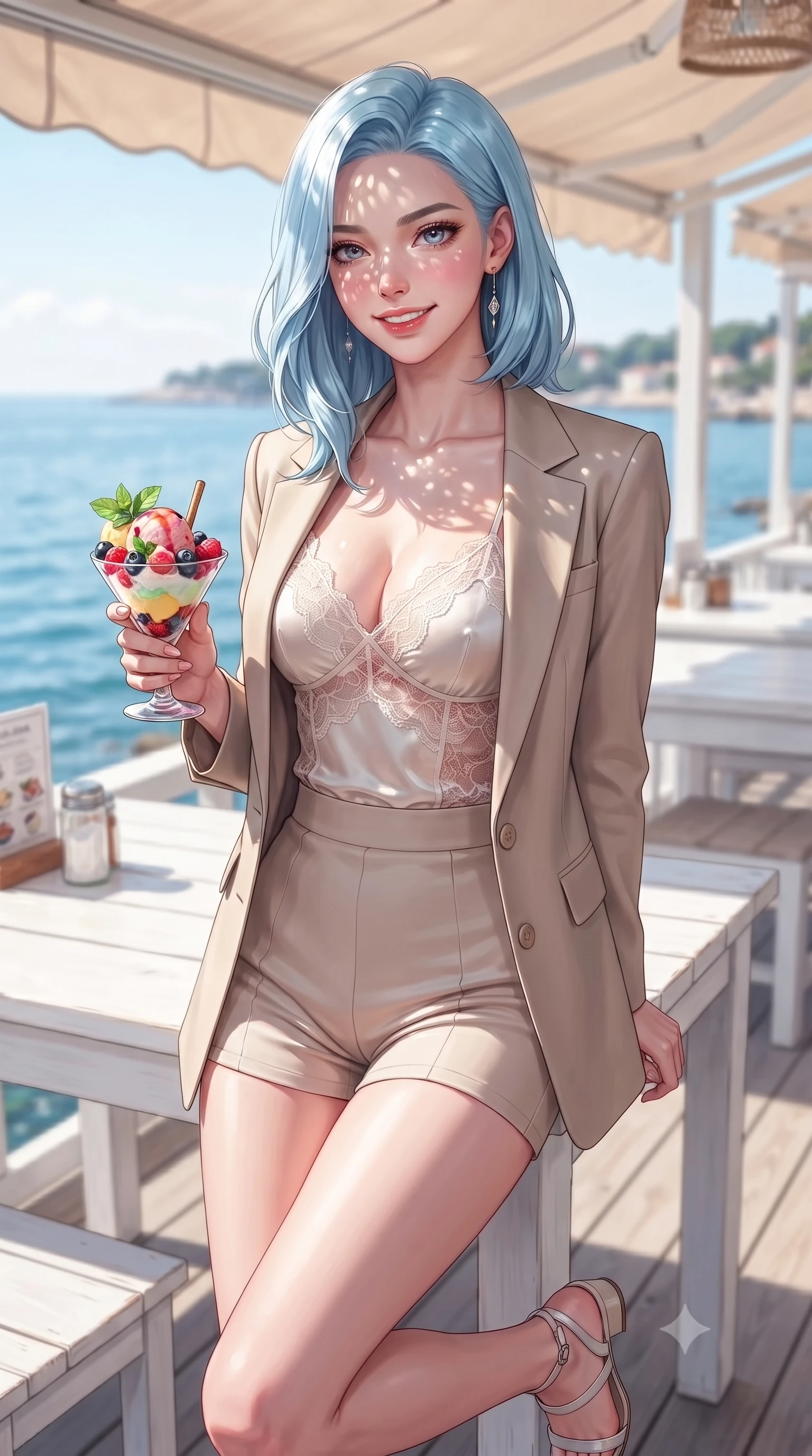 score_9, masterpiece, best quality, ultra-detailed, high-budget anime keyframe, editorial fashion photography, tasteful artistic composition, Korean woman. close-up cowboy shot from the waist and thighs up, the character dominates the composition, filling the frame with her large presence, background elements kept in soft focus. smiling cutely with an air of effortless superiority and magnetic charm set against a soft-focus background of at a seaside cafe deck with white wooden tables and views of the blue water holding a colorful ice cream coupe with fresh berries and mint. She has an exceptionally elegant, slender, and willowy female figure with an ultra-slim waist, a gracefully sculpted slender torso, and a refined silhouette. sharp v-shaped jawline, high-bridge nose, intricate jewel-like eyes with depth, thick eyelashes, glossy lips with a natural sheen. wearing tailored delicate silk camisole with lace panels and a tailored blazer worn open over form-contouring shorts. dappled sunlight filtering through the outdoor awning onto her face. highly saturated vibrant anime colors, detailed shading with soft gradients, rich glossy textures, high-contrast stereoscopic depth, volumetric dynamic lighting, master piece, 9:16 ratio