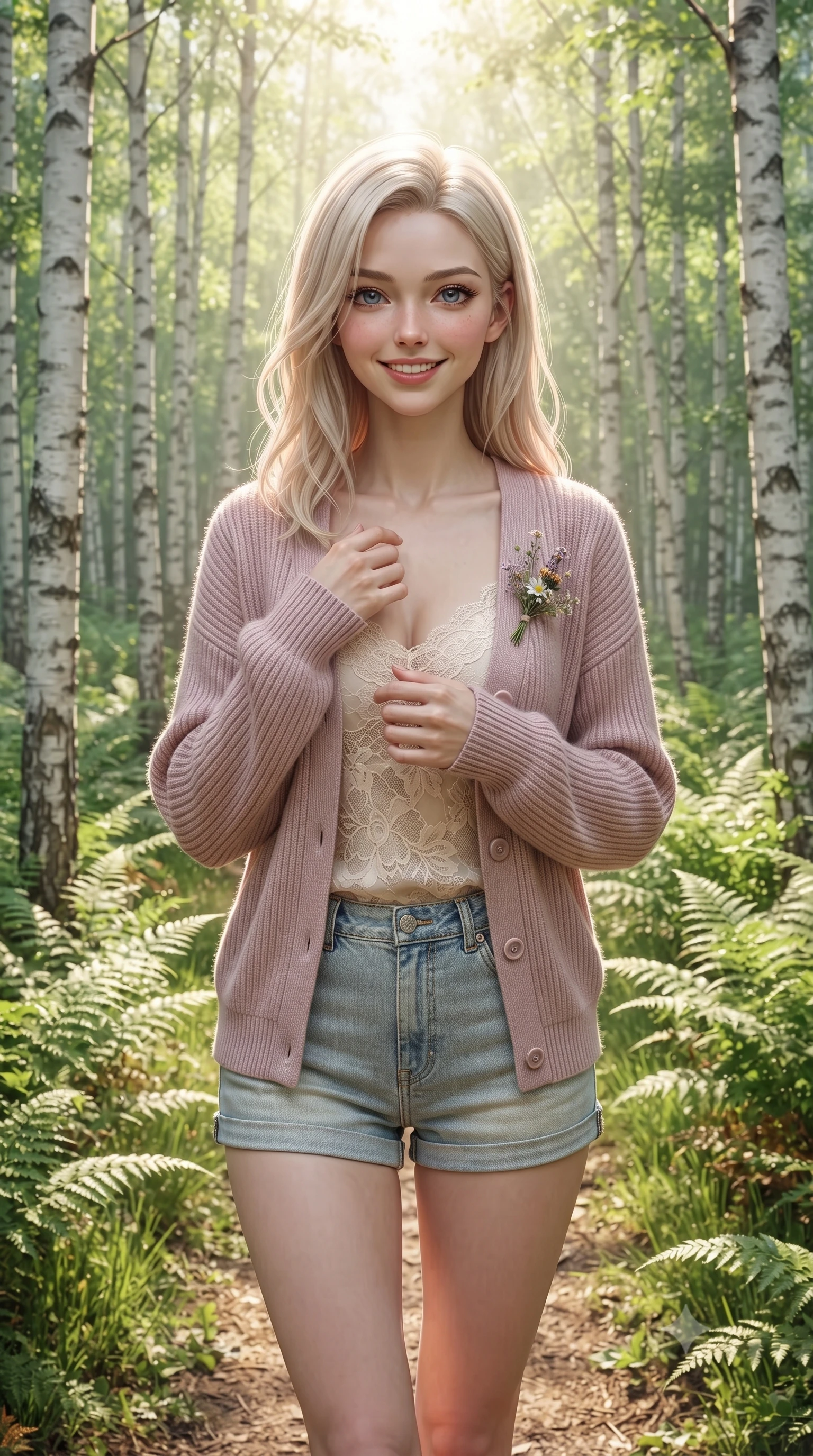 score_9, masterpiece, best quality, ultra-detailed, high-budget anime keyframe, editorial fashion photography, tasteful artistic composition, Caucasian woman. close-up cowboy shot from the waist and thighs up, the character dominates the composition, filling the frame with her large presence. holding her hands loosely near her heart with an enchanting, affectionate gaze looking directly into the lens while strolling happily along a sun-dappled forest path surrounded by slender white birch trunks and lush emerald ferns. The surrounding environment is rendered in vivid detail and crisp panoramic clarity. intricate woodland chiaroscuro and pristine natural forest ecosystems captured with precision. She has an exceptionally elegant, slender, and willowy female figure with an ultra-slim waist, a gracefully sculpted slender torso, toned flat midriff, and a refined slim silhouette. sharp v-shaped jawline, high-bridge nose, intricate jewel-like eyes with depth, thick eyelashes, glossy lips with a natural sheen, pure and lovely fresh girlhood expression, flawlessly proportioned anatomical accuracy, strict slender model proportions, natural body alignment, perfectly sculpted long slender limbs, ultra-slim waistline, clean dynamic posture without body distortion. wearing a soft pastel ribbed knit cardigan worn over a delicate cream lace camisole and light-wash denim shorts in soft dusty rose and oatmeal beige, crafted from smooth fluid silk satin with a natural gentle sheen, complemented by a delicate wildflower corsage pinned to the lapel, the body-hugging lightweight knit clinging delicately to her slender torso, accentuating her graceful neck and feminine lines. bathed in heavenly volumetric sunbeams piercing through the dense birch canopy. ultra-reflective glossy finish, specular highlights, rich natural textures, high-contrast stereoscopic depth, volumetric dynamic lighting, 2k, ultra detail, master piece, 9:16 ratio