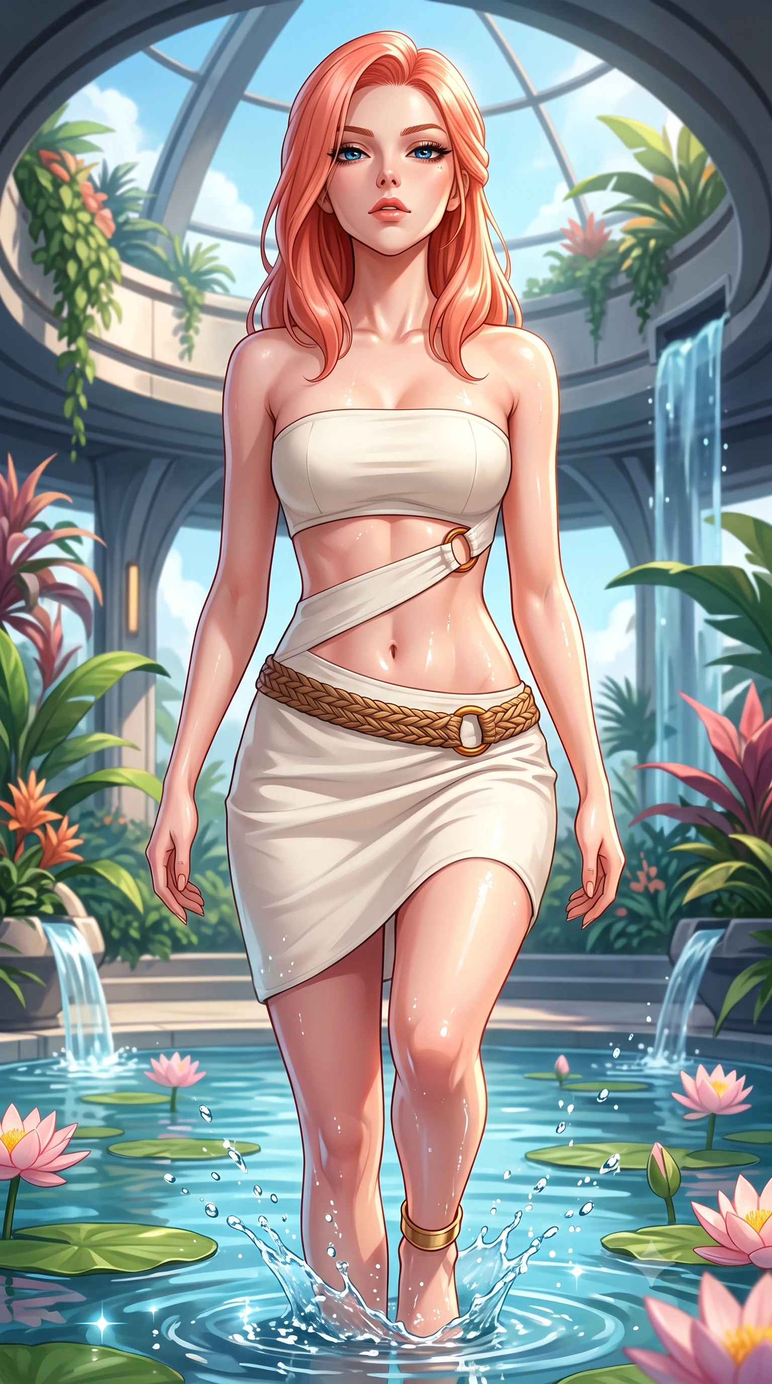 score_9, masterpiece, best quality, ultra-detailed, high-budget anime keyframe, semi-realistic 3D game render, editorial fashion photography, tasteful artistic composition, Japanese woman. close-up cowboy shot from the waist and thighs up, the character dominates the composition, filling the frame with her large presence. tilting her chin up with proud, sovereign allure while gazing through thick eyelashes with an irresistible, dangerous bedroom-gaze while wading lightly into the shallow lotus pool, water splashing around her slender ankles in glittering droplets. The surrounding environment is rendered in vivid detail and crisp panoramic clarity. sparkling high-key natural chiaroscuro and luxury high-altitude botanical architecture in precision. She has an exceptionally elegant, slender, and willowy female figure with an ultra-slim waist, a gracefully sculpted slender torso, toned flat midriff, and a refined slim silhouette. sharp v-shaped jawline, high-bridge nose, intricate jewel-like eyes with depth, thick eyelashes, glossy parted lips with a natural sheen, intensely captivating and seductive expression, flawlessly proportioned anatomical accuracy, strict slender model proportions, natural body alignment, perfectly sculpted long slender limbs, ultra-slim waistline, clean dynamic posture without body distortion. wearing a minimalist sculpted ivory tube dress with curved diagonal midriff cutouts and brass hardware in warm amber honey and natural linen cream, tailored from crisp structured cotton poplin with organic dye, accessorized with a woven botanical belt and minimalist gold ankle cuff, the relaxed yet flattering fit accentuating her naturally graceful and slender figure, highlighting her tall statuesque proportions. illuminated by wet specular highlights accentuating her collarbones, waistline, and slender curves. highly saturated vibrant anime colors, detailed shading with soft gradients, rich glossy textures, high-contrast stereoscopic depth, volumetric dynamic lighting, master piece, 9:16 ratio
