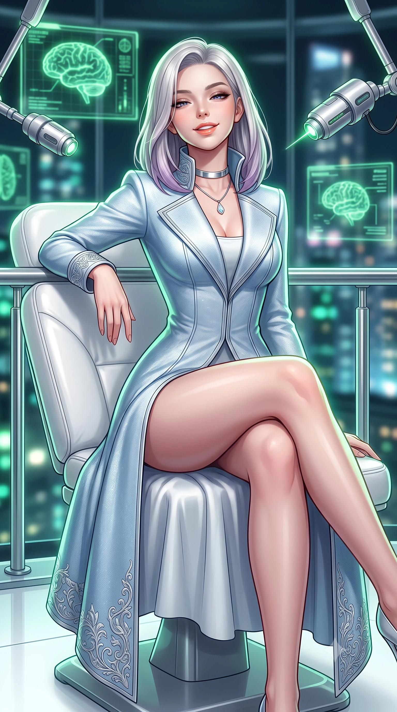 score_9, masterpiece, best quality, ultra-detailed, high-budget anime keyframe, semi-realistic 3D game render, editorial fashion photography, tasteful artistic composition, Caucasian woman. close-up cowboy shot from the waist and thighs up, the character dominates the composition, filling the frame with her large presence. leaning back against the balustrade with relaxed seductive grace, head tilted back slightly while casting a hypnotic, heavy-lidded gaze while sitting gracefully on the sculpted white leather treatment chair with legs crossed, flashing a radiant, playful smile with parted glossy lips. The background shows a soft-focus glowing green neurological holographic displays, articulated chrome surgical laser pods, and panoramic city lights through glass blurred into emerald, platinum, and cobalt bokeh. She has an exceptionally elegant, slender, and willowy female figure with an ultra-slim waist, flat toned midriff, narrow ribcage, and sculpted feminine hips creating an alluring, slim hourglass silhouette without bulk. sharp v-shaped jawline, high-bridge nose, intricate jewel-like sparkling eyes with depth, thick eyelashes, glossy parted lips with a natural peach sheen, bright cheerful beaming smile with an enchanting and coquettish sensual glint, exuding both youthful cute charm and seductive allure, flawlessly proportioned anatomical accuracy, strict slender model proportions, natural body alignment, perfectly sculpted long slender limbs, ultra-slim waistline, clean dynamic posture without body distortion. wearing an aristocratic deep-space admiral longcoat with silver filigree embroidery along the hem and high structured collar in arctic cryo-glacier ice blue and platinum white, tailored from high-density tech-wool with subtle metallic thread weave, finished with a minimalist chrome choker and a single teardrop diamond pendant, the impeccably tailored cut draping gracefully along her slender figure with aristocratic poise. illuminated by white floor reflection bounce and sharp platinum-green rim lights defining her jawline, narrow waist, and curvy hips. highly saturated vibrant anime colors, detailed shading with soft gradients, rich glossy textures, high-contrast stereoscopic depth, volumetric dynamic lighting, master piece, 9:16 ratio