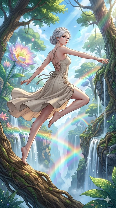 score_9, masterpiece, best quality, ultra-detailed, Set C: High-budget Anime Keyframe, Korean woman. Low angle cowboy shot filling the entire 9:16 frame with her statuesque presence. Leaping off a giant tree branch into a canyon of mist and rainbows 