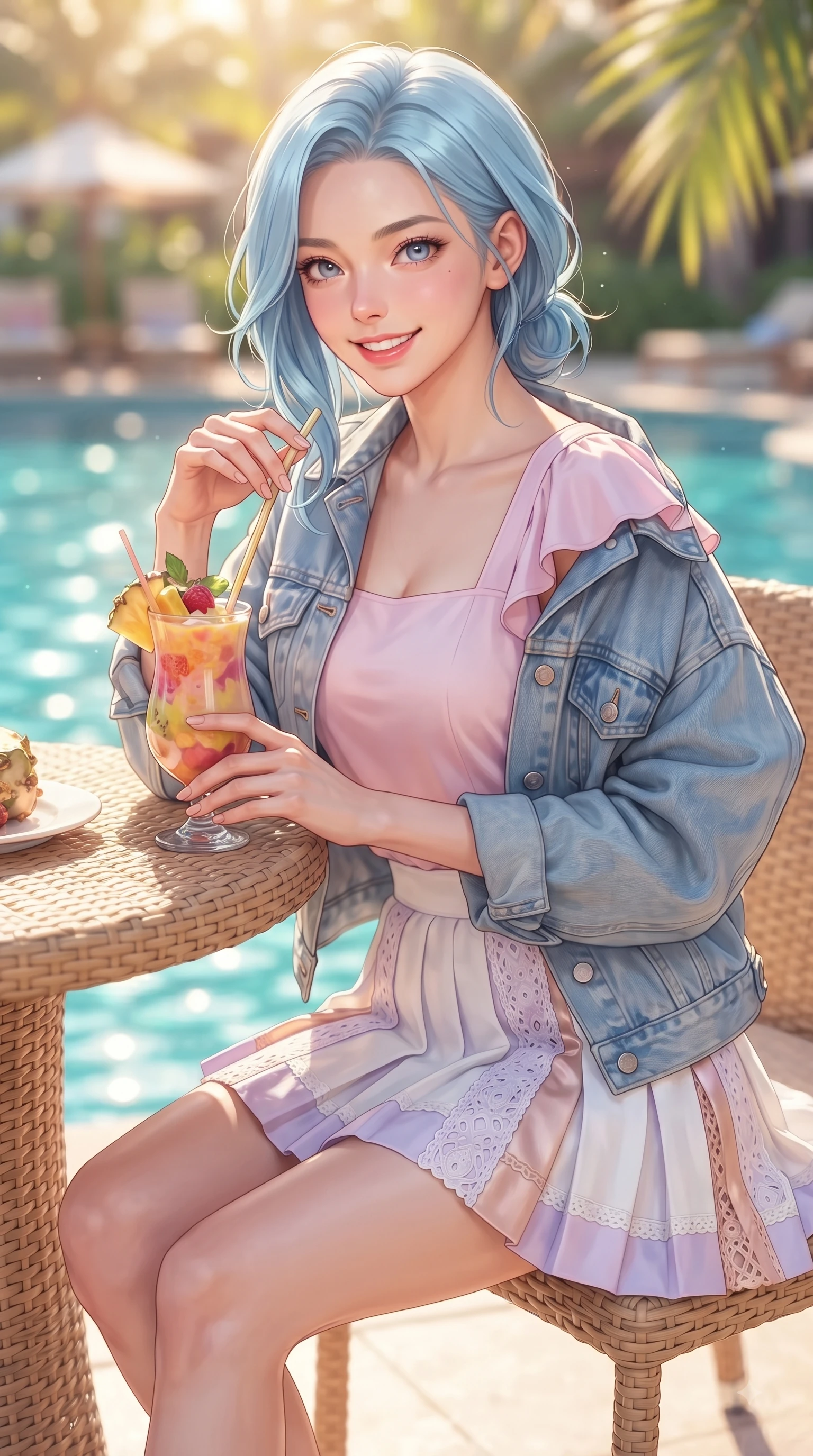 score_9, masterpiece, best quality, ultra-detailed, high-budget anime keyframe, editorial fashion photography, tasteful artistic composition, Korean woman. close-up cowboy shot from the waist and thighs up, the character dominates the composition, filling the frame with her large presence. Youthful bright smile exuding pure cute charm and fresh energy, her torso turning dynamically into the lens while sitting at a sun-drenched wicker poolside table enjoying a colorful tropical fruit smoothie. The composition keeps background elements in soft focus with dreamy bokeh. sparkling pool water and palm fronds blurred into crisp, dreamy turquoise background bokeh. She has an exceptionally elegant, slender, and willowy female figure with an ultra-slim waist, a gracefully sculpted slender torso, and a refined silhouette. sharp v-shaped jawline, high-bridge nose, intricate jewel-like eyes with depth, thick eyelashes, glossy lips with a natural sheen, flawlessly proportioned anatomical accuracy, natural body alignment, perfectly sculpted elegant limbs, clean dynamic posture without body distortion. wearing a trendy oversized denim jacket over a soft pastel pink camisole and white pleated mini skirt in pastel lilac and soft rose gold, woven with delicate eyelet lace and soft cotton, featuring elegant flutter sleeves and a graceful square neckline, the tailored casual silhouette highlighting her fresh and youthful presence. surrounded by an exclusive, sun-drenched, and relaxing resort atmosphere. ultra-reflective glossy finish, specular highlights, metallic sheen, high-contrast stereoscopic depth, volumetric dynamic lighting, 2k, ultra detail, master piece, 9:16 ratio