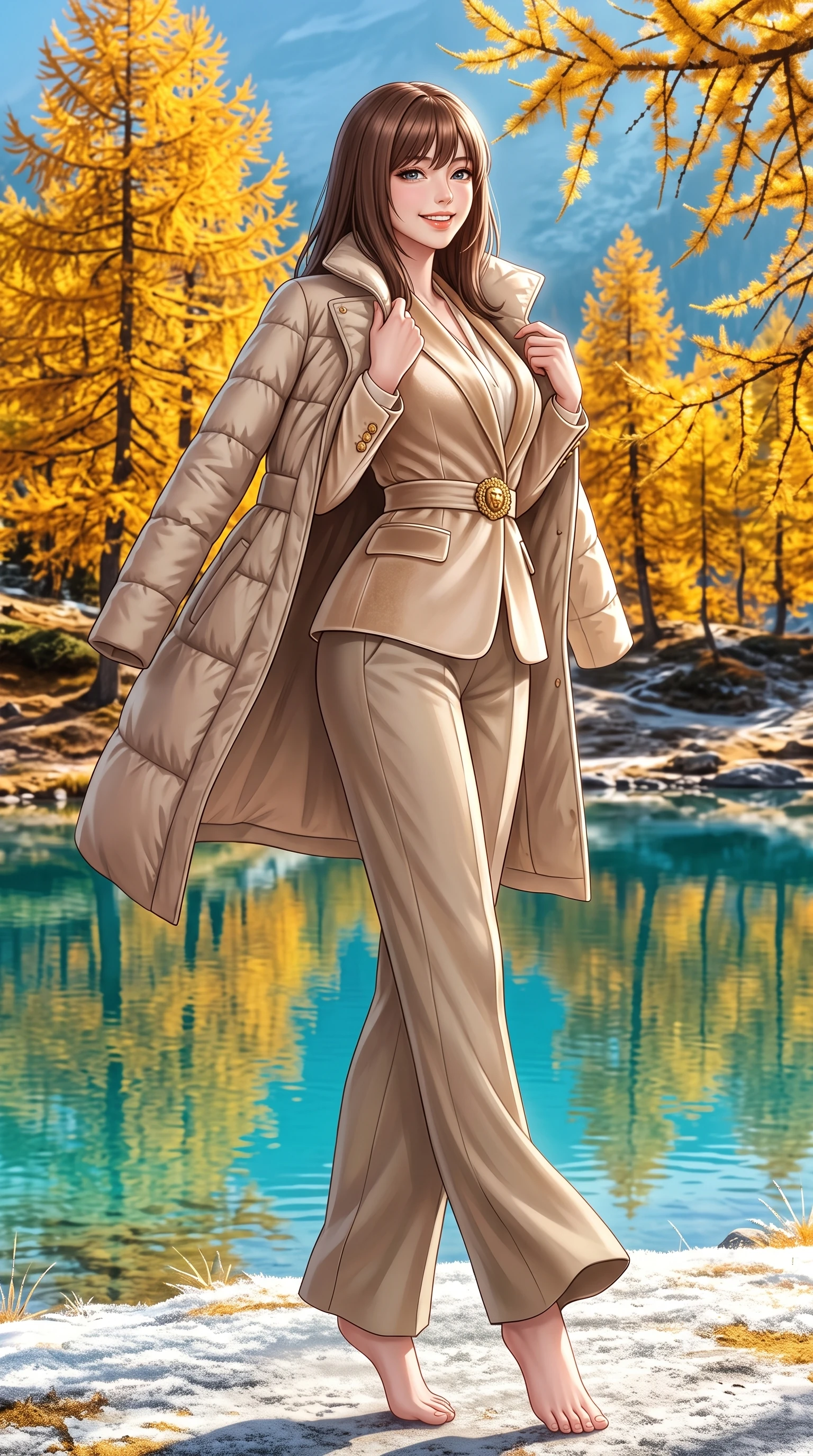 score_9, masterpiece, best quality, ultra-detailed, high-budget anime keyframe, semi-realistic 3D game render, editorial fashion photography, tasteful artistic composition, Korean woman. low angle full-body shot from head to toe showing her feet, filling the entire 9:16 vertical frame with her statuesque presence, stretching her vertical silhouette. executing an elegant pivot turn as the hem of her pleated wool skirt sways rhythmically, glancing back with joyful radiance while pausing beneath a stand of brilliant golden larch trees reflecting in the turquoise water, holding her coat lapels with refined elegance. The surrounding environment is rendered in vivid detail and crisp panoramic clarity: detailed quilted down-tailored coat quilting, high funnel neck collar, and alpine lakeside topography in high resolution. She has an exceptionally tall and slender model-like 8.5-heads proportion, an ultra-slim waist, a flat toned midriff, narrow delicate ribcage, and beautifully sculpted feminine hips creating a graceful, slim hourglass silhouette without any bulky heaviness, with impossibly long slender legs. sharp v-shaped jawline, high-bridge nose, intricate jewel-like sparkling eyes with depth, thick eyelashes, glossy parted lips with a natural peach sheen, bright cheerful beaming smile with an enchanting and coquettish sensual glint, exuding both youthful cute charm and seductive allure, flawlessly proportioned anatomical accuracy, strict slender model proportions, natural body alignment, perfectly sculpted long slender limbs, ultra-slim waistline, clean dynamic posture without body distortion. wearing a chic tailored smoking jacket blazer paired with fluid pleated palazzo trousers and a silk blouse base in soft champagne ivory and warm biscuit beige, crafted from rich cotton velvet with deep light-absorbing pile and soft gradients, accented with an ornate 24k gold lion-embossed crest button along the front closure, the structured cinched belt emphasizing her narrow waistline and gracefully balanced proportions with timeless haute-couture polish. illuminated by frosted ground bounce and sharp crystalline rim lights defining her features, narrow waist, and statuesque height. highly saturated vibrant anime colors, detailed shading with soft gradients, rich glossy textures, high-contrast stereoscopic depth, volumetric dynamic lighting, master piece, 9:16 ratio