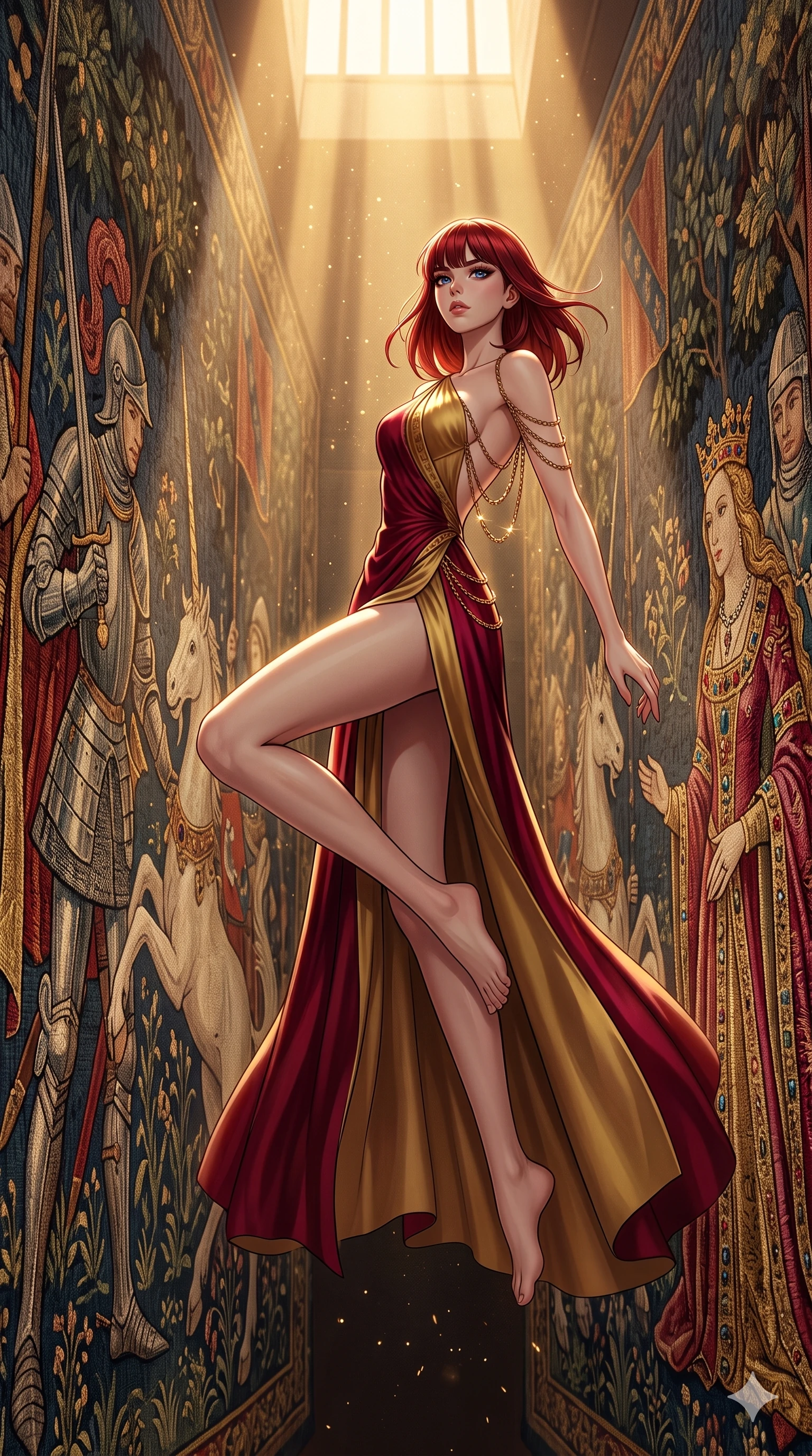 score_9, masterpiece, best quality, ultra-detailed, high-budget anime keyframe, editorial fashion photography, tasteful artistic composition, Caucasian woman, strictly human ears. low angle full-body shot from head to toe showing her feet, filling the entire 9:16 vertical frame with her statuesque presence, stretching her vertical silhouette. vaulting dynamically through navigating through towering walls made of animated medieval tapestries where richly embroidered figures of knights unicorns and queens move gesture and follow with their stitched eyes. She has a statuesque 8.5-heads proportion, an exceptionally tall, slender and willowy model-like build with impossibly long legs and a highly sculpted ultra-slim waist. sharp v-shaped jawline, high-bridge nose, intricate jewel-like eyes with depth, thick eyelashes, glossy lips with a natural sheen. wearing a high-slit evening gown in deep crimson and gold silk, featuring an asymmetric one-shoulder design and a bare back with gold chains. golden hour sunlight streaming in warm shafts with floating dust particles catching the light. 2k, ultra detail, master piece, 9:16 ratio