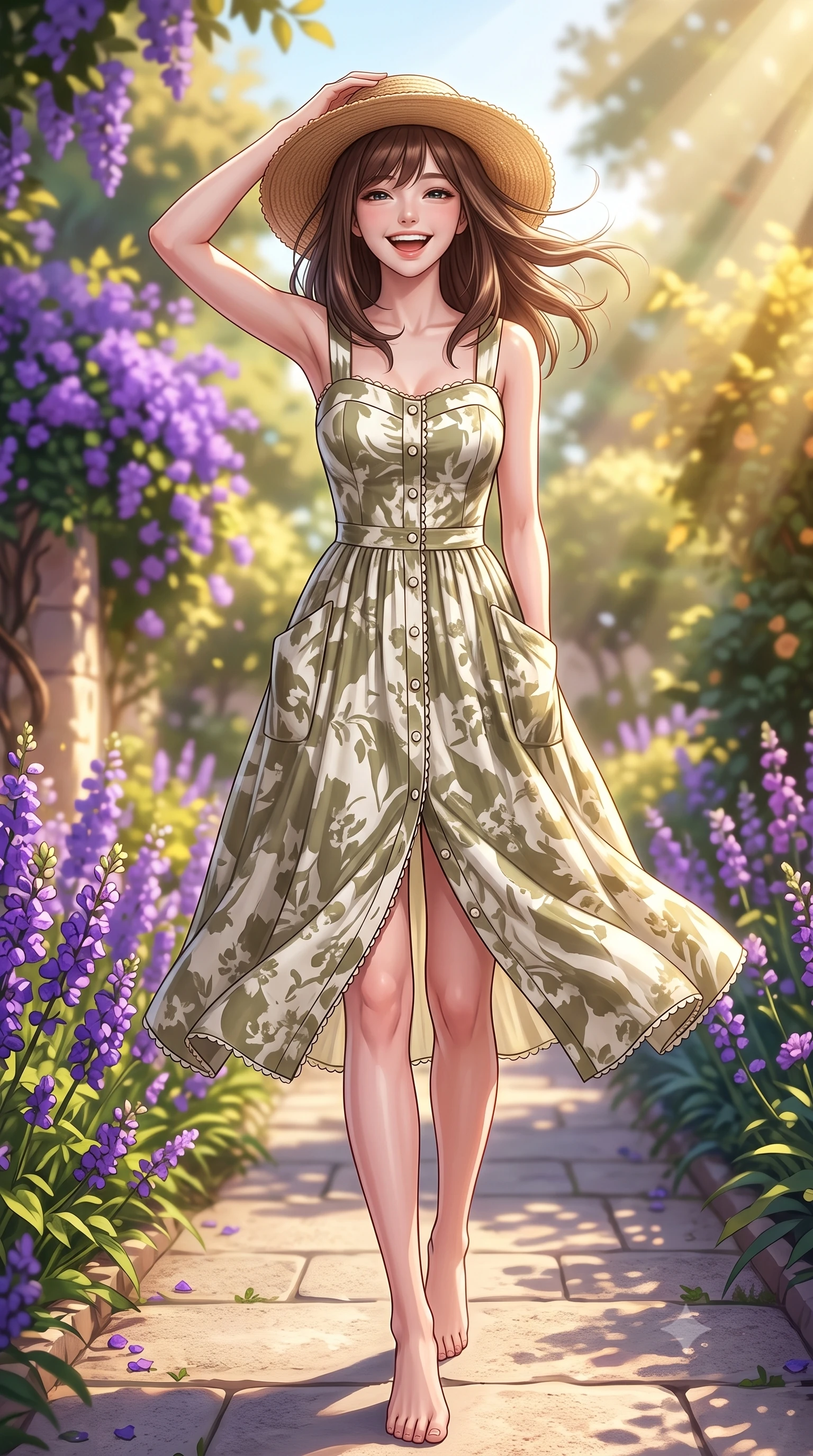 score_9, masterpiece, best quality, ultra-detailed, high-budget anime keyframe, semi-realistic 3D game render, editorial fashion photography, tasteful artistic composition, Korean woman. low angle full-body shot from head to toe showing her feet, filling the entire 9:16 vertical frame with her statuesque presence, stretching her vertical silhouette. stepping forward gracefully in mid-motion with a delighted cute laugh, displaying her tall slender model proportions while adjusting her wide-brimmed straw hat against the gentle summer breeze with a cute, youthful grin. The surrounding environment is rendered in vivid detail and crisp panoramic clarity. rich color saturation of violet flora and golden Mediterranean sunlight captured with sharpness. She has an absolutely perfect, statuesque 8.5-heads proportion, an exceptionally tall and slender model-like female figure with impossibly long slender legs, a toned flat midriff, and an ultra-slim waist. sharp v-shaped jawline, high-bridge nose, intricate jewel-like eyes with depth, thick eyelashes, glossy lips with a natural sheen, pure and lovely fresh girlhood expression, flawlessly proportioned anatomical accuracy, strict slender model proportions, natural body alignment, perfectly sculpted long slender limbs, ultra-slim waistline, clean dynamic posture without body distortion. wearing a vintage-inspired button-front cotton sundress with wide shoulder straps and side pockets in muted olive green and ivory cotton, crafted from smooth fluid silk satin with a natural gentle sheen, finished with delicate scallop trims and tiny pearl buttons, the relaxed yet flattering fit accentuating her naturally graceful and slender figure, highlighting her youthful charm and lovely silhouette. surrounded by a romantic, sweet, and wonderfully heartwarming cottagecore girlhood aura. highly saturated vibrant anime colors, detailed shading with soft gradients, rich glossy textures, high-contrast stereoscopic depth, volumetric dynamic lighting, master piece, 9:16 ratio