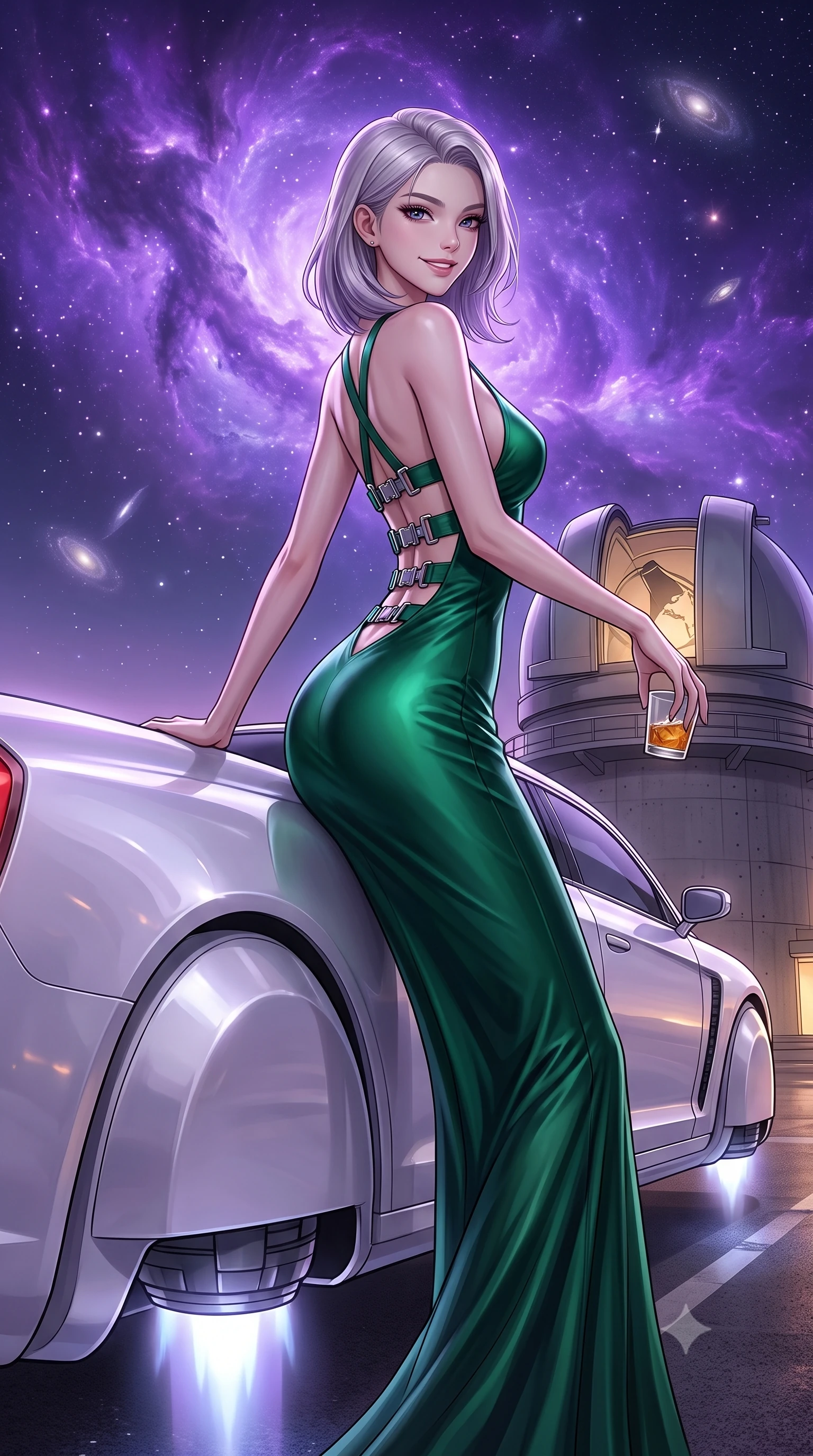 score_9, masterpiece, best quality, ultra-detailed, High-budget Anime Keyframe, Caucasian woman, strictly human ears. Dynamic full-body shot stretching the vertical silhouette to the limit. Scenario 441: leaning against a sleek white hover-limousine by a high-altitude observatory dome under a swirling violet nebula. Her presence is magnetic and overpowering in this high-budget anime scene. Outfit 441: a tailored emerald green liquid silk slip dress with a dramatic backless design and metallic buckles. The clothing is designed to emphasize her exceptionally tall and slender 8-heads proportion. 8-heads proportion, towering silhouette, ultra-slim waist. sharp v-shaped jawline, intricate jewel-like eyes with depth, thick eyelashes, glossy lips. 2k, ultra detail, master piece, 9:16 ratio