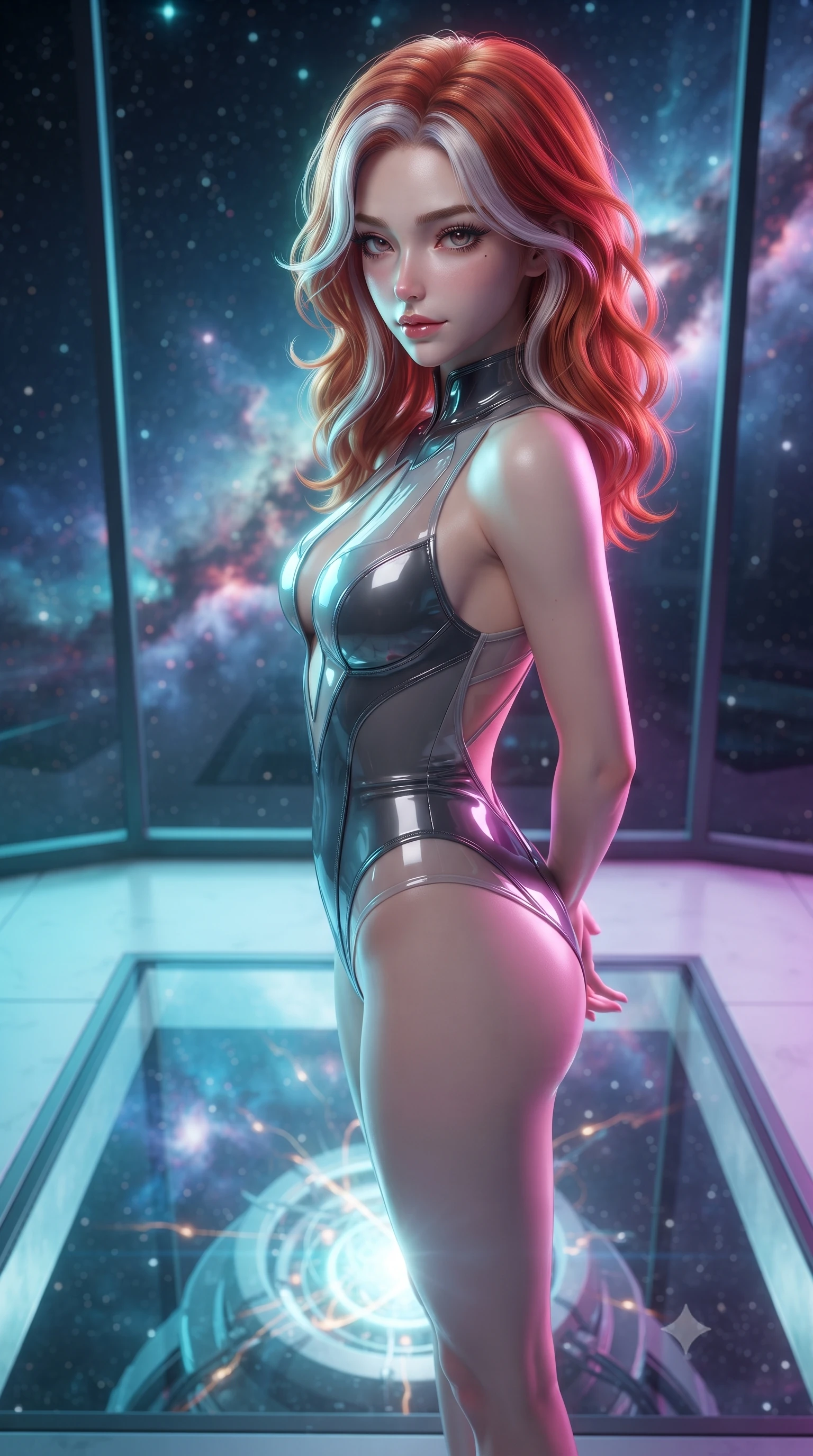 score_9, masterpiece, best quality, ultra-detailed, high-budget anime keyframe, editorial fashion photography, tasteful artistic composition, Caucasian woman. close-up cowboy shot from the waist and thighs up, the character dominates the composition, filling the frame with her large presence, background elements kept in soft focus. Glancing sidelong over her shoulder with a smoldering half-smile and heavy lashes poised on a glass platform over a quantum particle accelerator core, starlight and cosmic nebula clouds glowing through the floor-to-ceiling glass. She has an exceptionally elegant, slender, and willowy female figure with an ultra-slim waist, a gracefully sculpted slender torso, and a refined silhouette. sharp v-shaped jawline, high-bridge nose, intricate jewel-like eyes with depth, thick eyelashes, glossy lips with a natural sheen. wearing a high-cut translucent vinyl leotard with front paneling and open back in charcoal grey and platinum, tailored from high-gloss patent leather, accented with a Tasteful chest slit framing her clavicle gracefully, the glove-like fit emphasizing her statuesque silhouette. bathed in brilliant neon cyan and magenta rim light with clean white ambient glow. ultra-reflective glossy finish, specular highlights, metallic sheen, high-contrast stereoscopic depth, volumetric dynamic lighting, 2k, ultra detail, master piece, 9:16 ratio