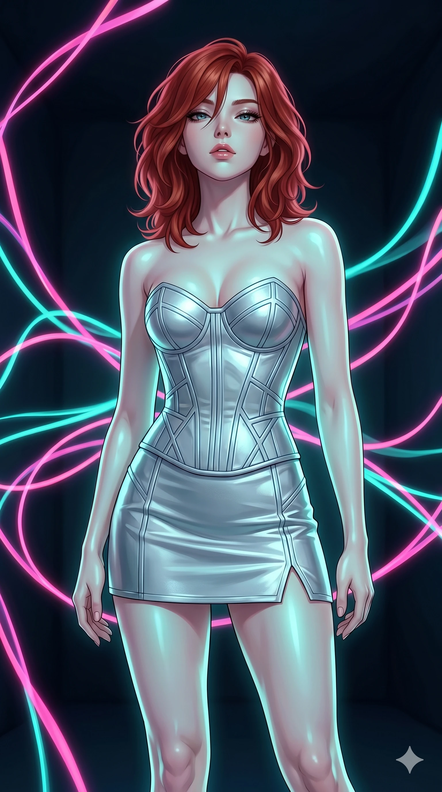 score_9, masterpiece, best quality, ultra-detailed, high-budget anime keyframe, editorial fashion photography, tasteful artistic composition, Korean woman. cowboy shot from the thighs up, character and outfit filling the frame for maximum editorial presence. Tilting her chin up slightly with lips parted in a composed expression within a chamber where sound waves are visible as floating neon ribbons of pink and teal. She has an absolutely perfect 8-heads proportion, an exceptionally tall and slender female figure with impossibly long slender legs and an ultra-slim waist. V-shaped jawline, high-bridge nose, intricate jewel-like eyes with depth, thick eyelashes, glossy lips with a natural sheen. wearing a structured silver bustier with geometric seams, paired with a matching silver mini-skirt with a small side slit. illuminated by soft aqua bioluminescent light that makes her skin luminously glow against the dark. 2k, ultra detail, master piece, 9:16 ratio