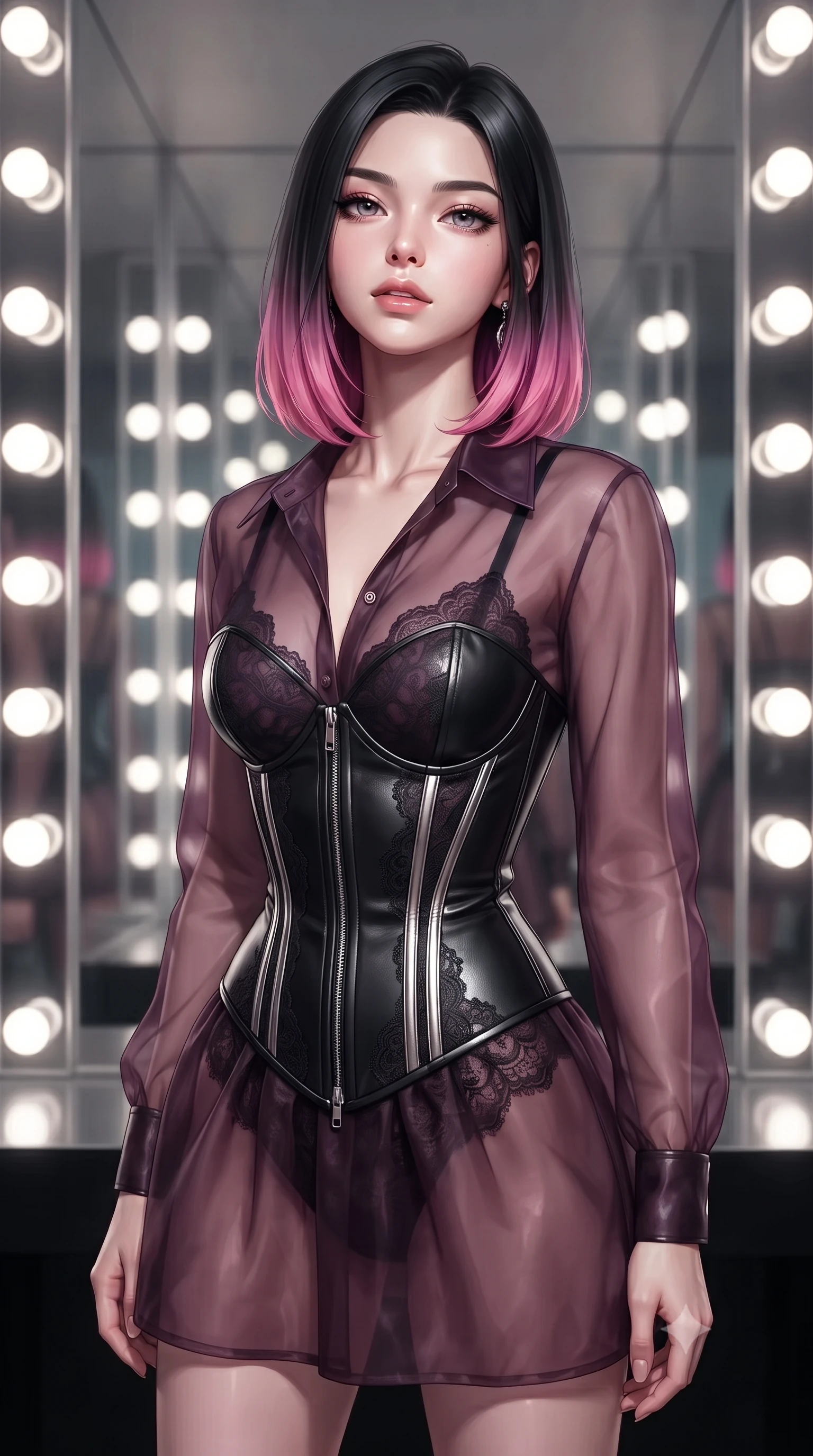 score_9, masterpiece, best quality, ultra-detailed, high-budget anime keyframe, editorial fashion photography, tasteful artistic composition, Korean woman. close-up cowboy shot from the waist and thighs up, the character dominates the composition, filling the frame with her large presence, background elements kept in soft focus. Tilting her chin up slightly with lips parted in a composed, magnetic expression, standing inside an infinity mirror dressing room lined with bright daylight vanity lights, high-definition visual clarity with razor-sharp outfit specular glints. She has an exceptionally elegant, slender, and willowy female figure with an ultra-slim waist, a gracefully sculpted slender torso, and a refined silhouette. sharp v-shaped jawline, high-bridge nose, intricate jewel-like eyes with depth, thick eyelashes, glossy lips with a natural sheen. wearing translucent dark organza mini dress over structured black lace corset in dark plum violet, made of polished black leather, finished with metallic silver boning and sleek zipper points, accentuating her gracefully sculpted slender torso. lit by piercing key light highlighting her statuesque physical features. ultra-reflective glossy finish, specular highlights, metallic sheen, high-contrast stereoscopic depth, volumetric dynamic lighting, 2k, ultra detail, master piece, 9:16 ratio