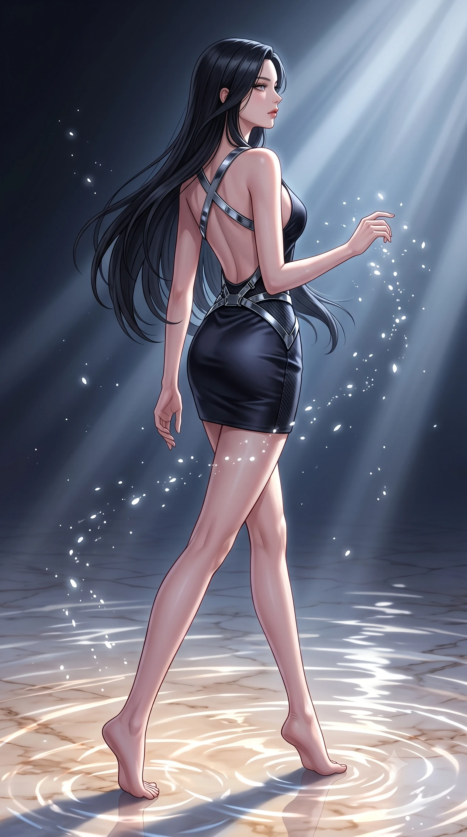 score_9, masterpiece, best quality, ultra-detailed, high-budget anime keyframe, editorial fashion photography, tasteful artistic composition, Korean woman. low angle full-body shot from head to toe showing her feet, filling the entire 9:16 vertical frame with her statuesque presence, stretching her vertical silhouette. interacting with glowing light particles, her long slender legs poised in motion, stepping gracefully onto a warm marble floor glinting with moonlit ripples, full moon rays casting cold silver beams across the white marble water hall. She has an absolutely perfect, statuesque 8.5-heads proportion, an exceptionally tall and slender model-like female figure with impossibly long slender legs and an ultra-slim waist. sharp v-shaped jawline, high-bridge nose, intricate jewel-like eyes with depth, thick eyelashes, glossy lips with a natural sheen. wearing dramatically scooped backless dark satin mini dress with criss-cross chrome straps in pitch-black onyx, made of matte carbon-fiber weave, highlighted by a gunmetal metallic harness structure, following her slender form with tailored precision. lit by clear moonbeam key rays casting soft graceful shadows. highly saturated vibrant anime colors, detailed shading with soft gradients, rich glossy textures, high-contrast stereoscopic depth, volumetric dynamic lighting, master piece, 9:16 ratio